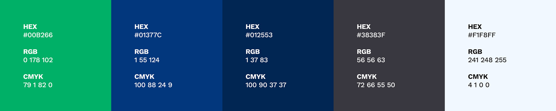 Color swatches with HEX codes, RGB, and CMYK color values