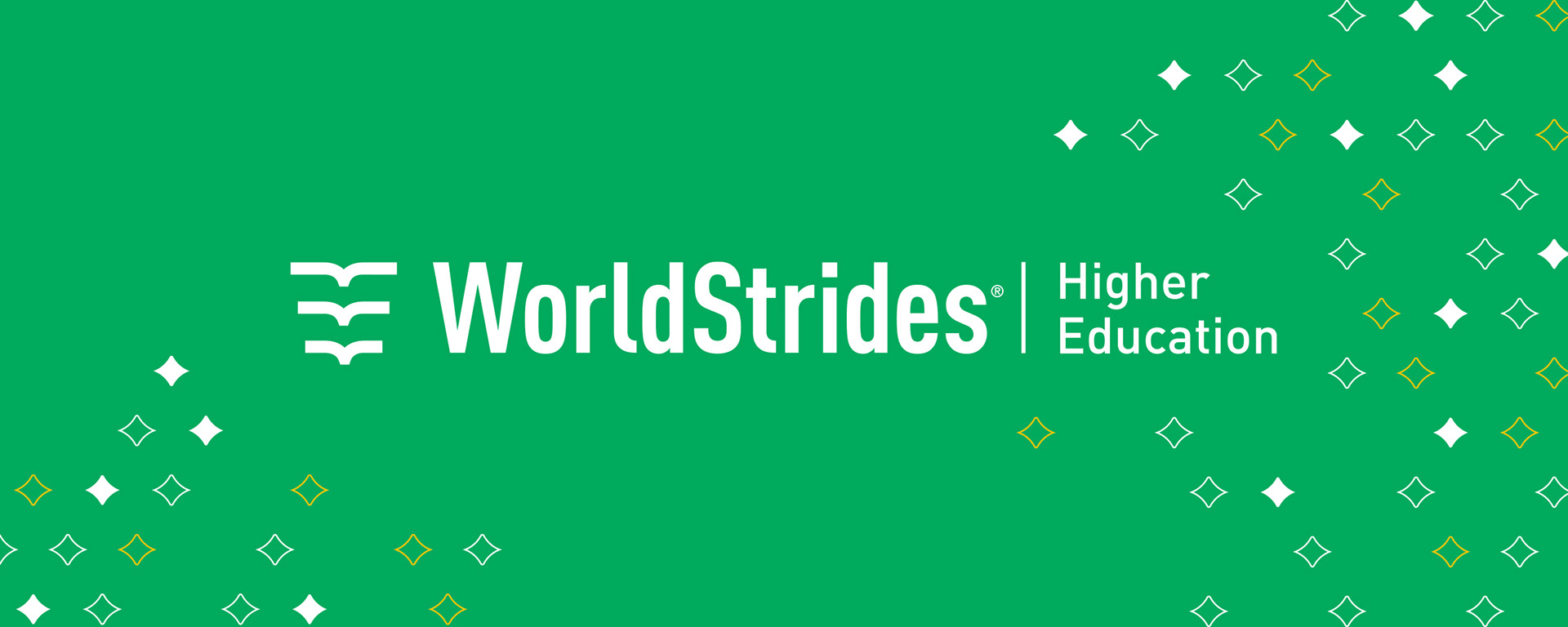 WorldStrides Higher Ed logo on a green background with stars