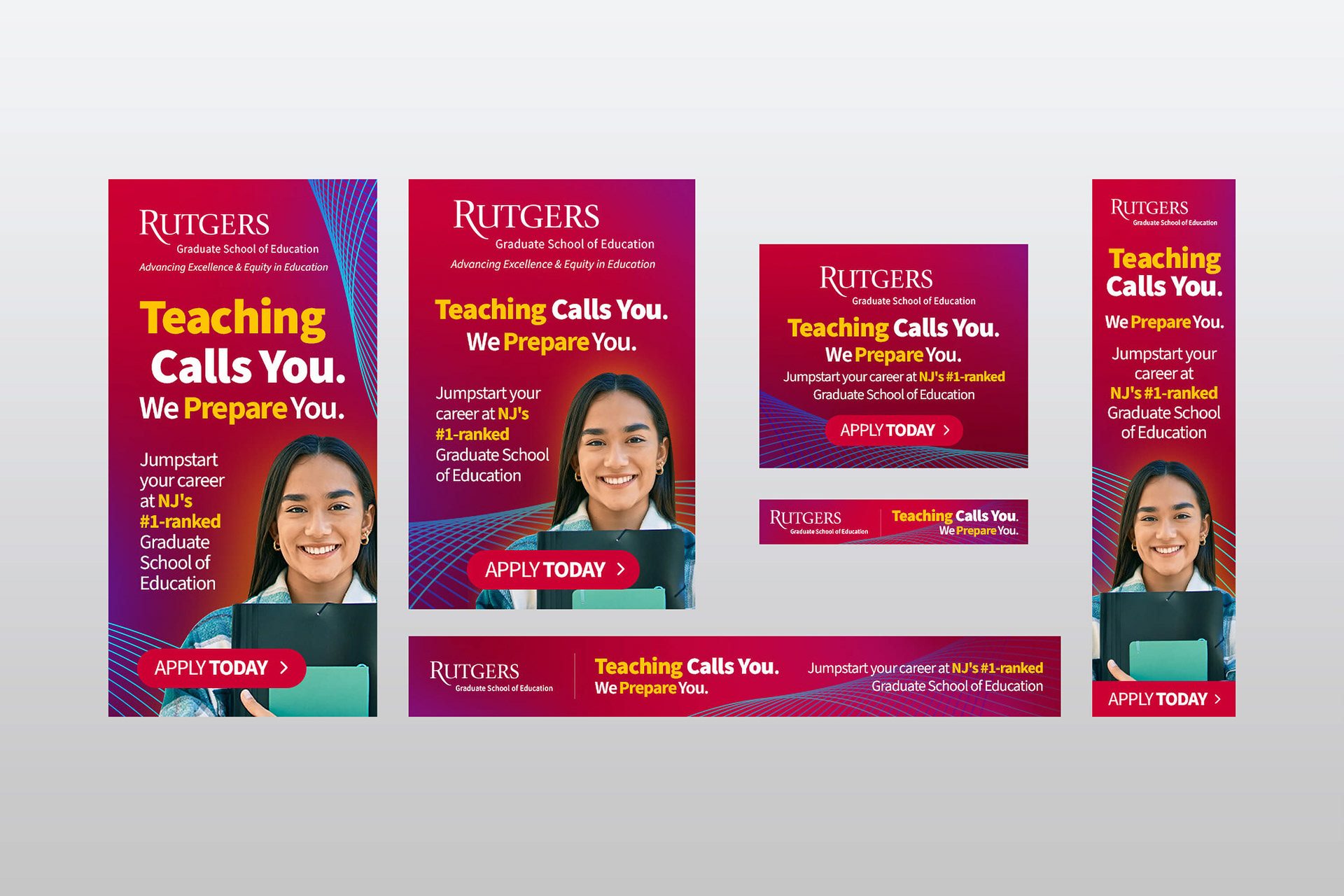 A group of digital ad images featuring bright colors and a smiling young woman