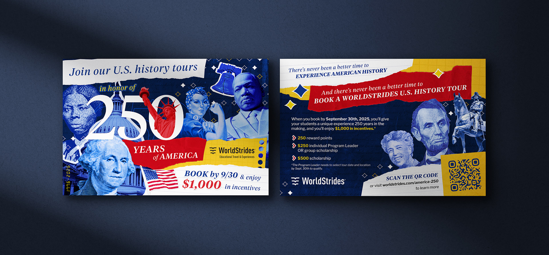Two postcards featuring bright colors, collage graphics, and US monuments and historical figures