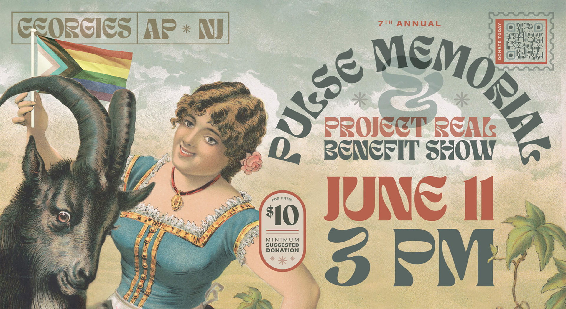 Poster for Pulse Memorial & Project REAL Benefit Show featuring a vintage illustration of a woman holding a pride flag.