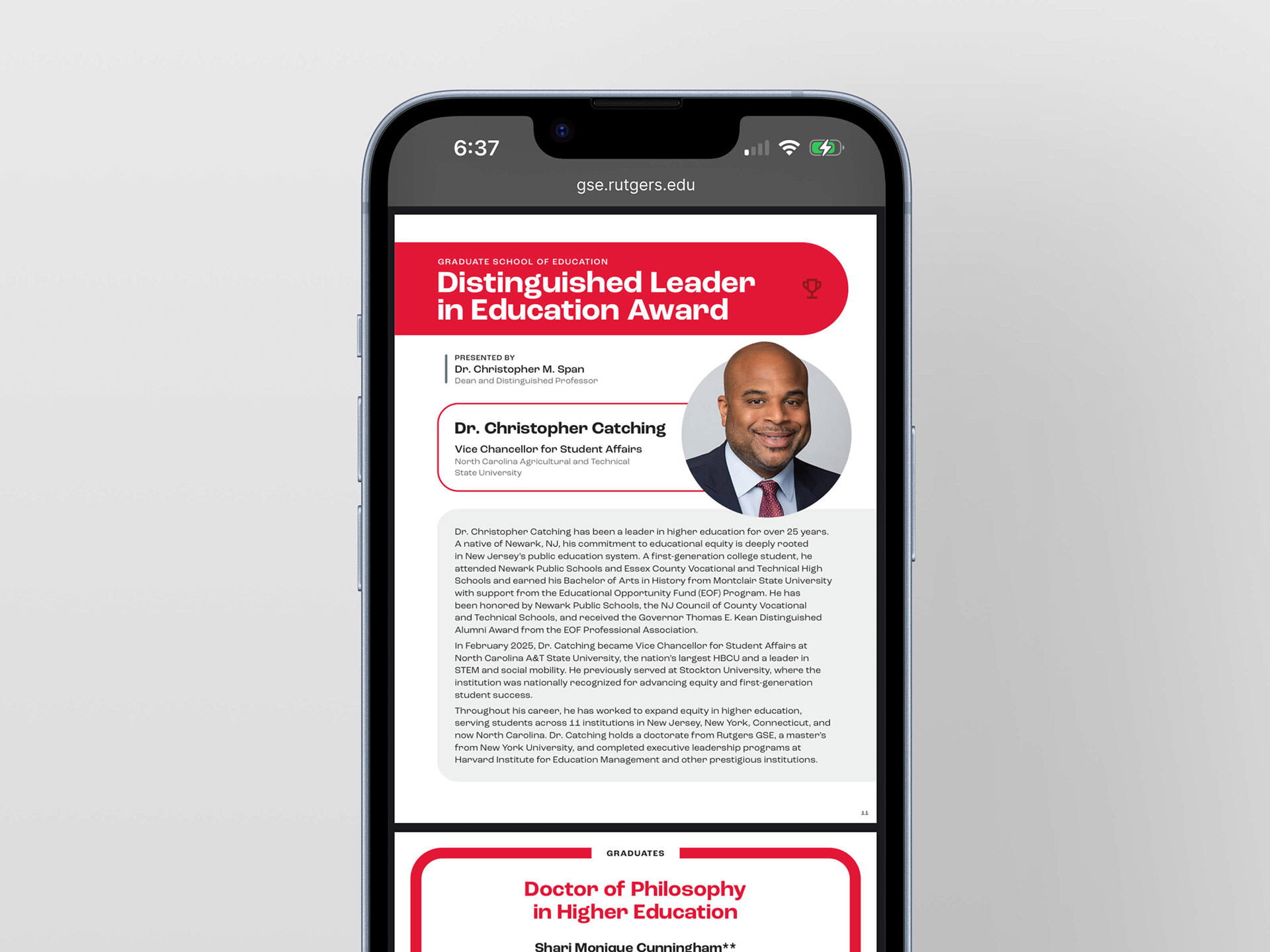 A phone screen showing a PDF of a convocation program for the Rutgers GSE