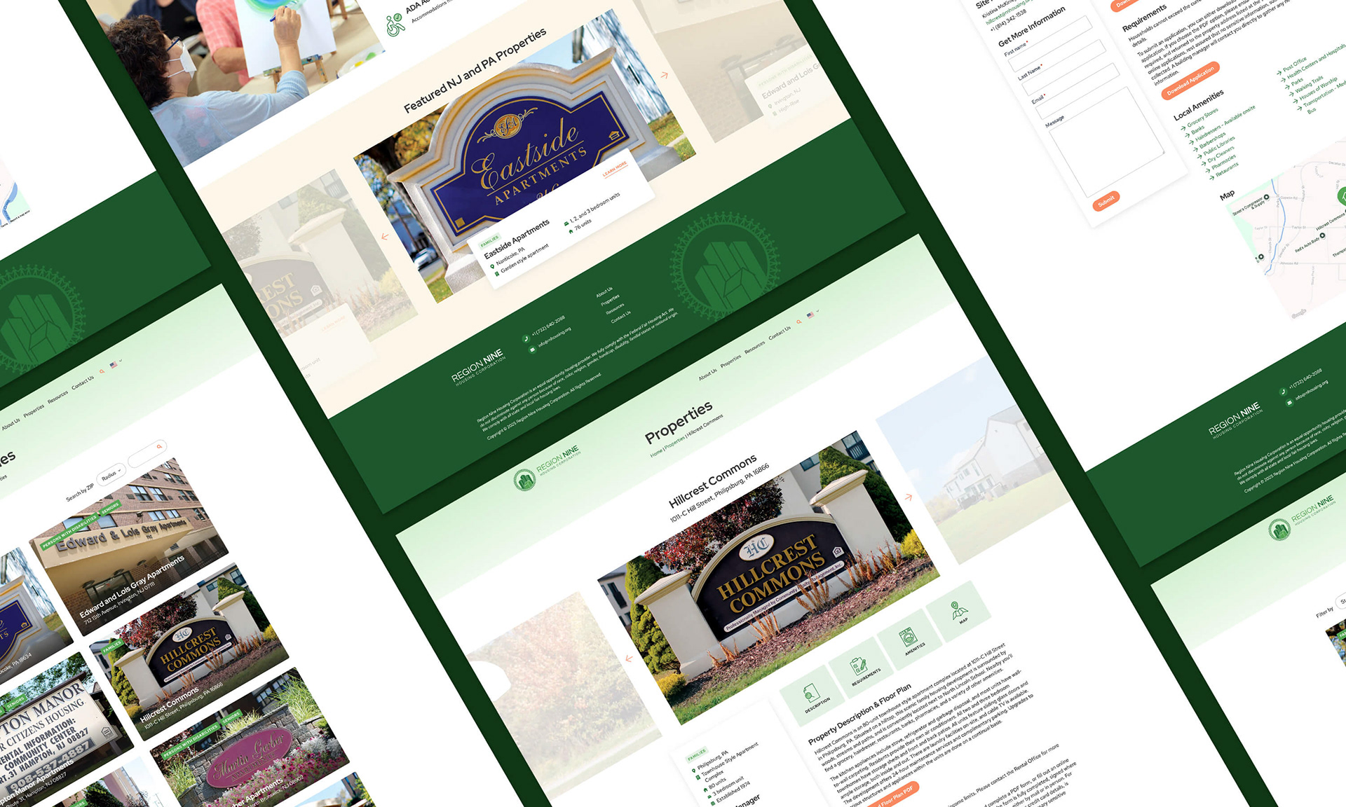 Website screenshots arranged in a diagonal layout