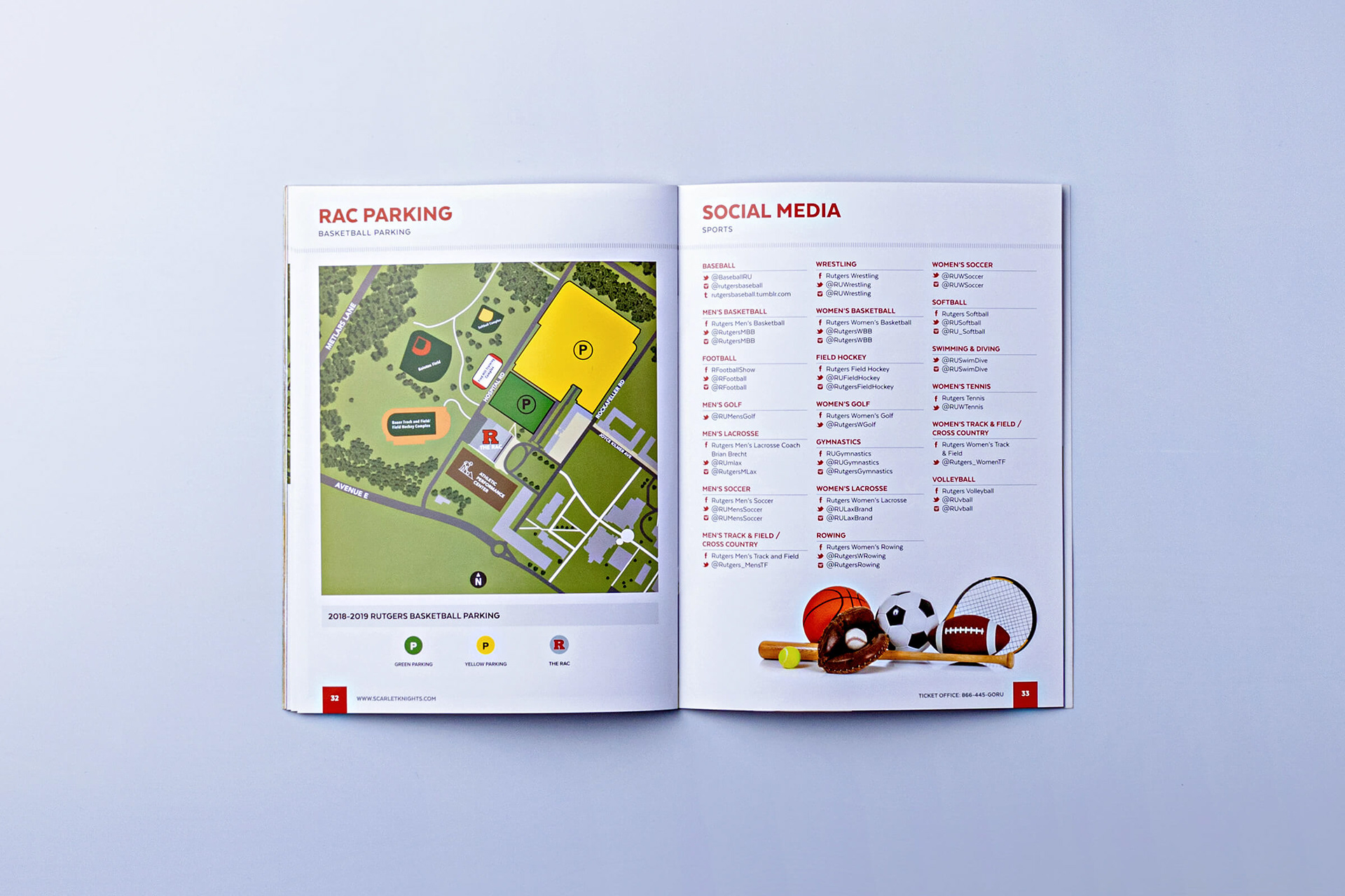 A magazine spread showing a parking diagram and social media handles