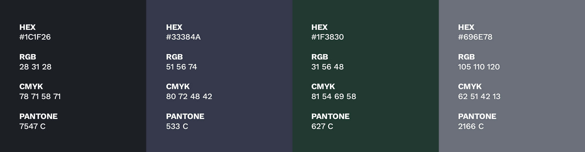 Color swatches with HEX, RGB, CMYK, and PANTONE values