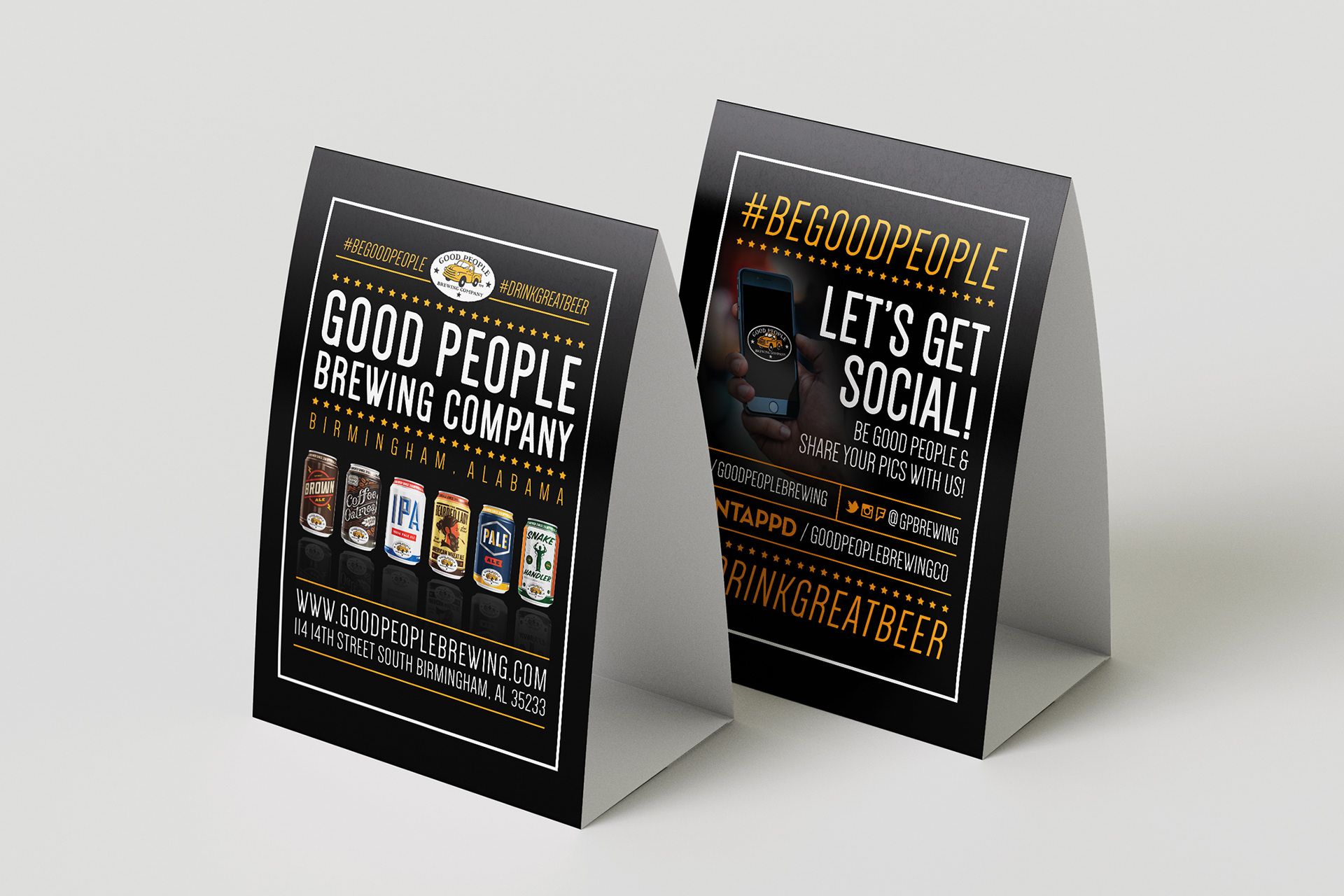 Front and back of a table tent for a brewery