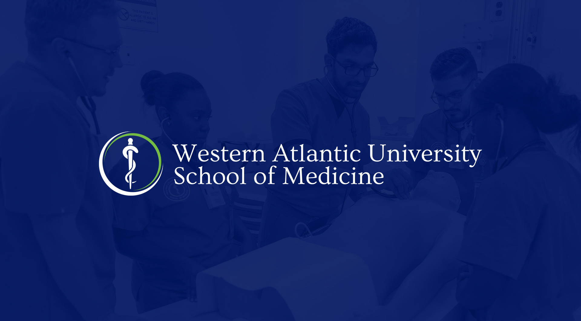 WAUSM logo on a dark blue background with a faded image of med school students