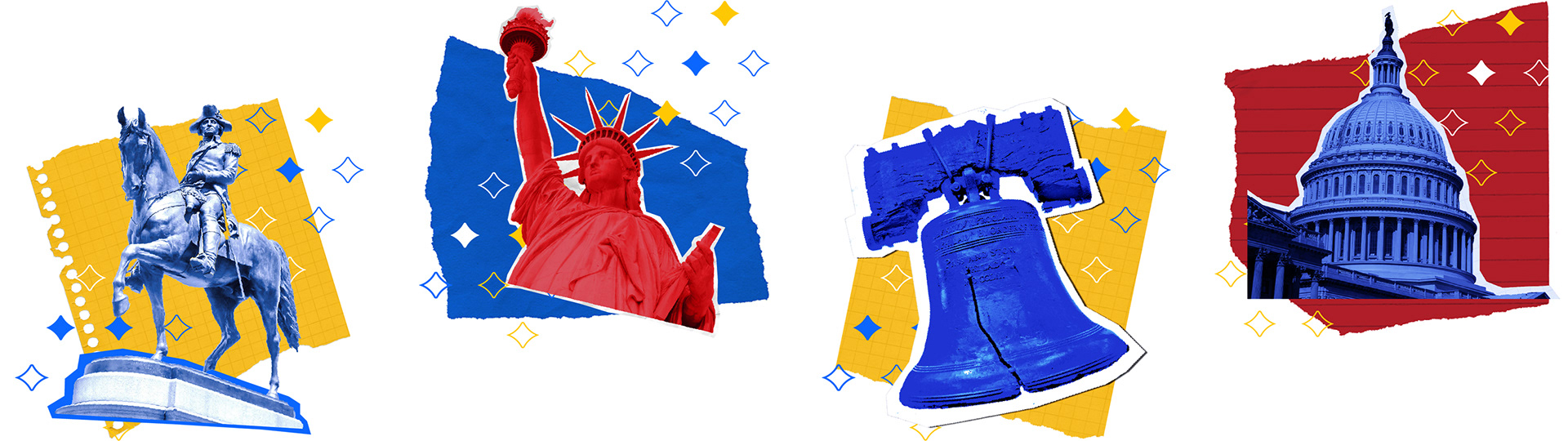 U.S. monuments and symbols in a playful, collage style featuring bright colors