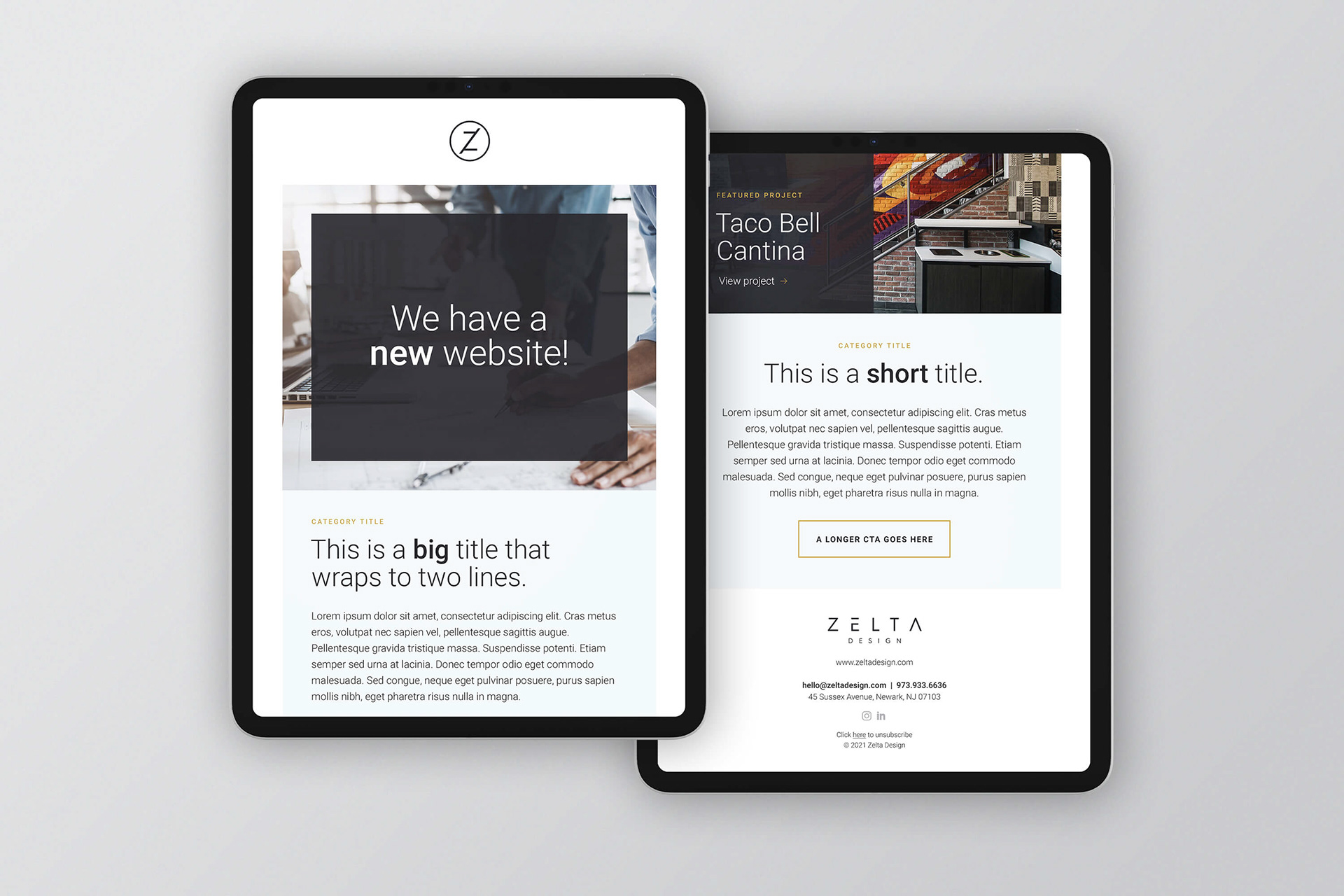 Two tablets featuring screenshots of an email with a minimalist design