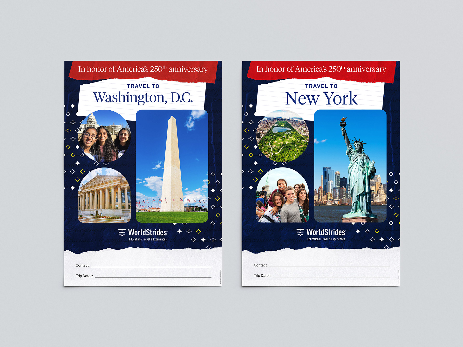 Two posters featuring information about traveling to Washington, D.C. and New York.