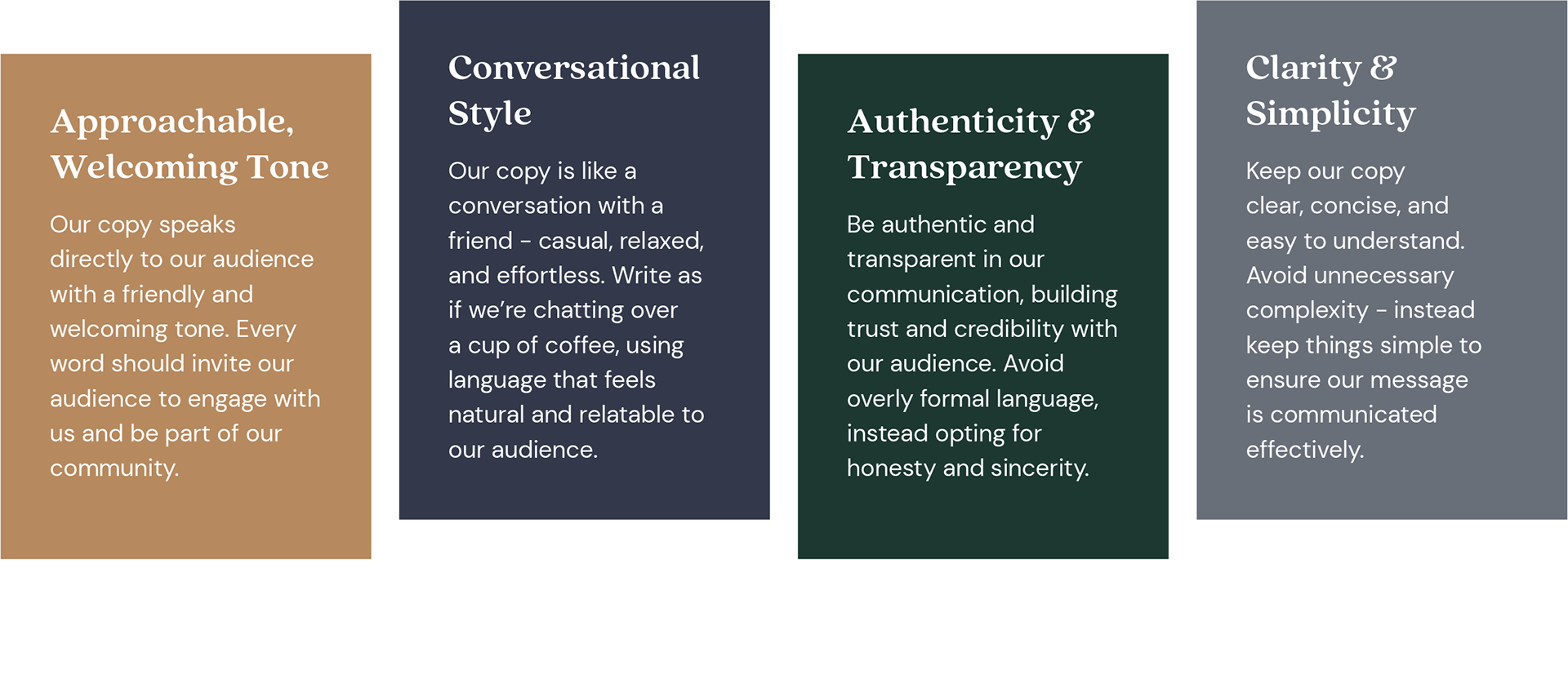 Four tiles that read "Approachable, Welcoming Tone," "Conversational Style," "Authenticity & Transparency," and "Clarity & Simplicity."