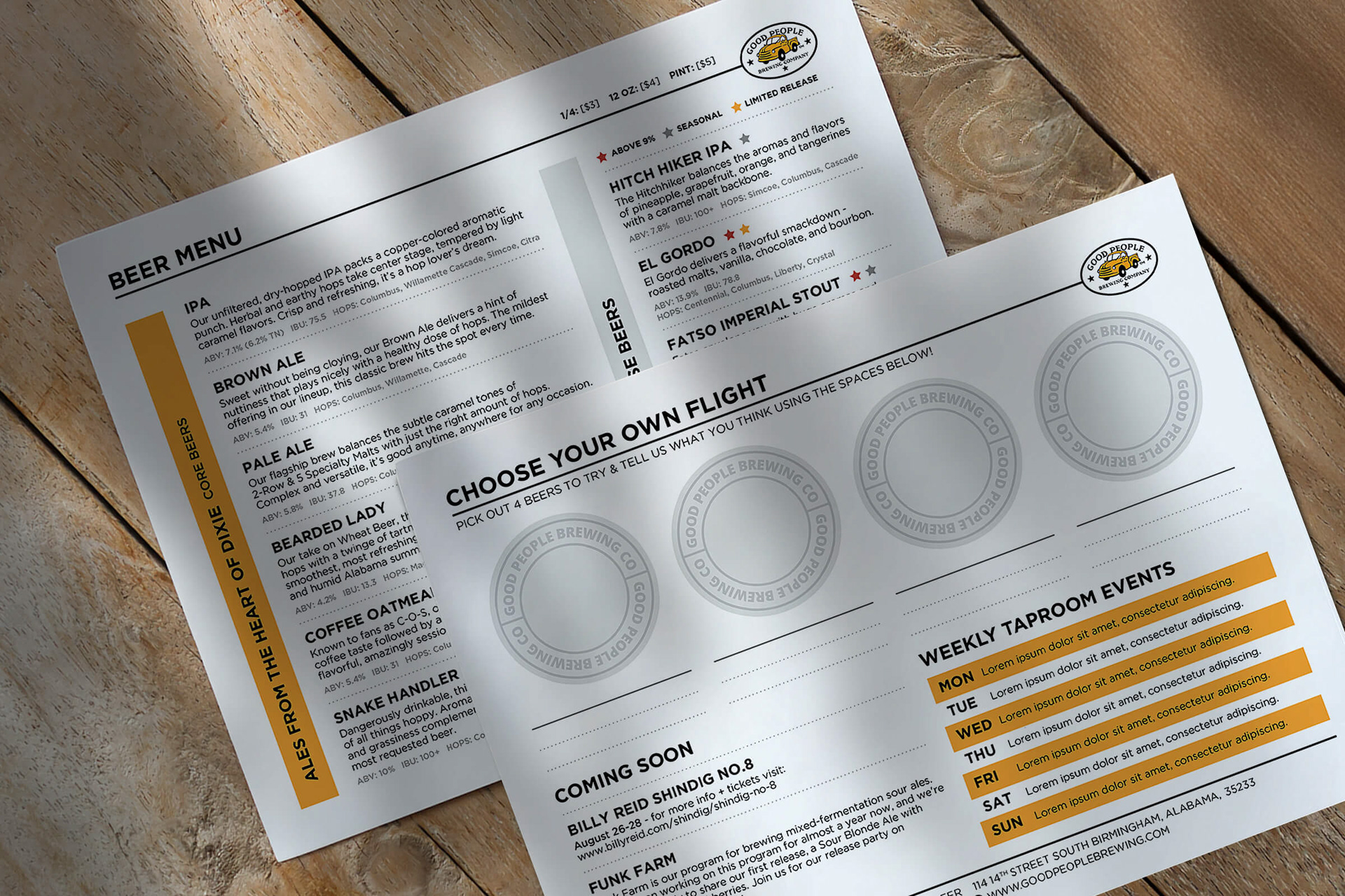 Front and back of a beer menu