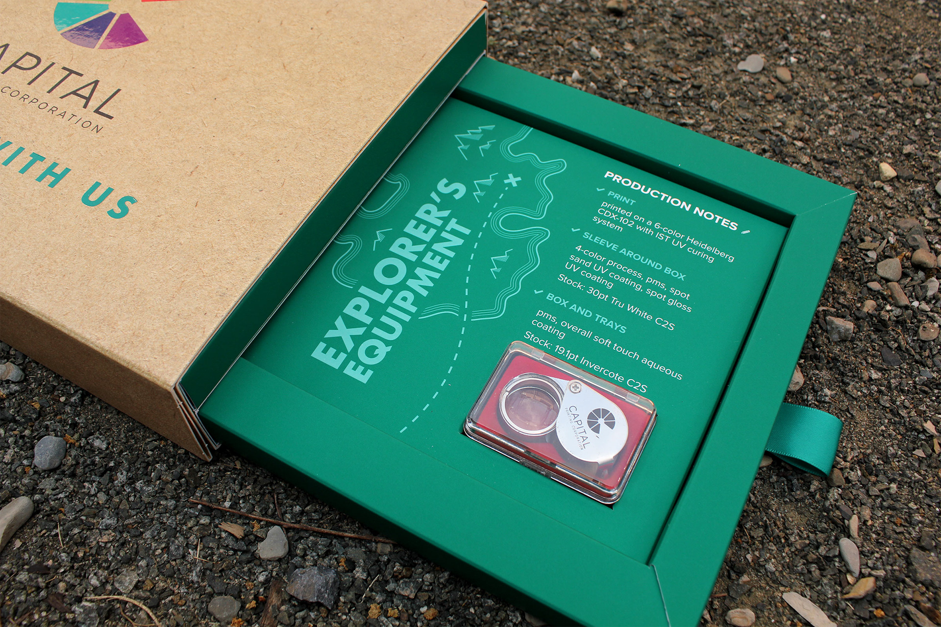 A marketing box with a slide-out drawer. Inside the drawer is a printing loupe along with production notes.
