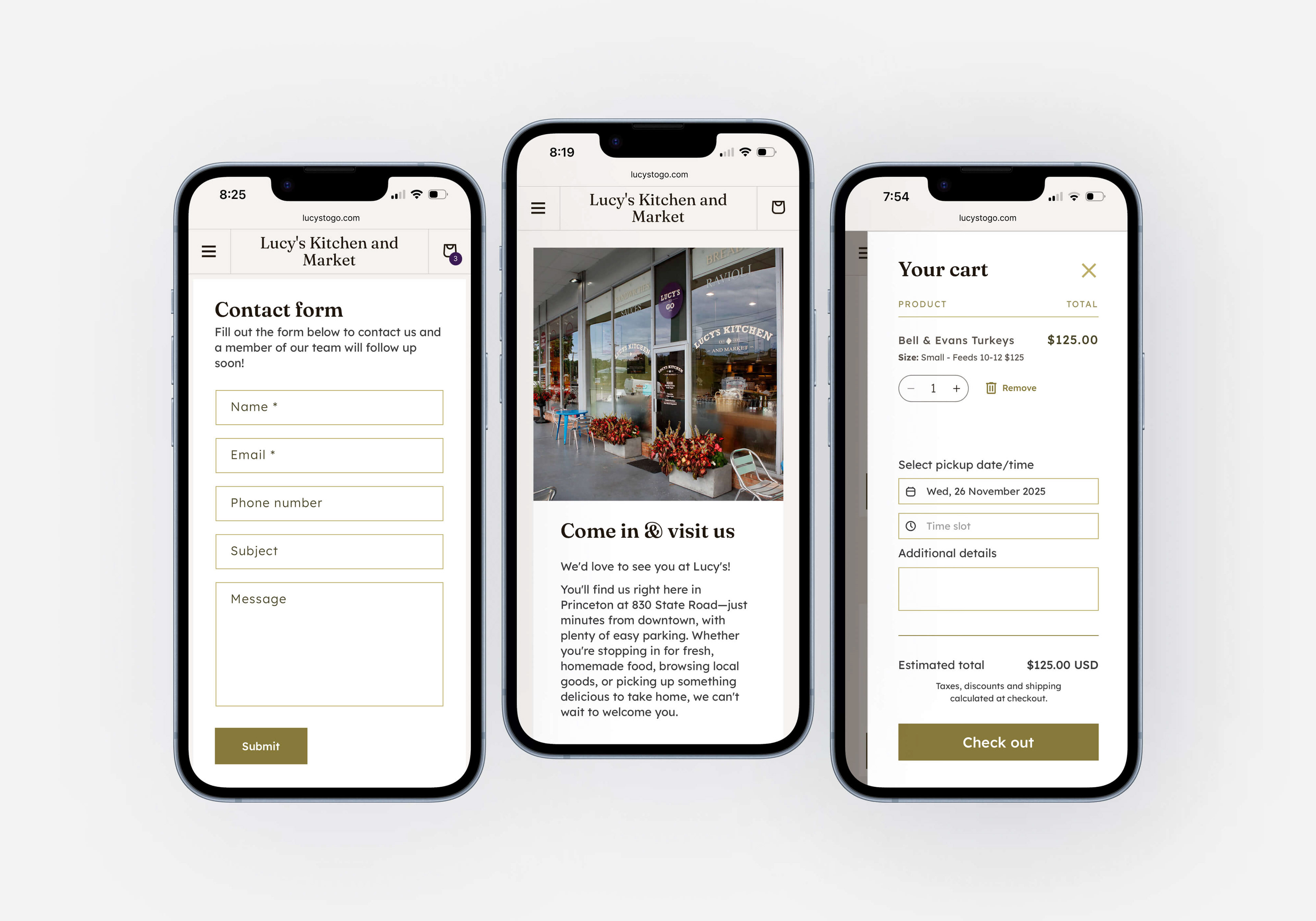 Three phone screens showing screenshots of lucystogo.com mobile website
