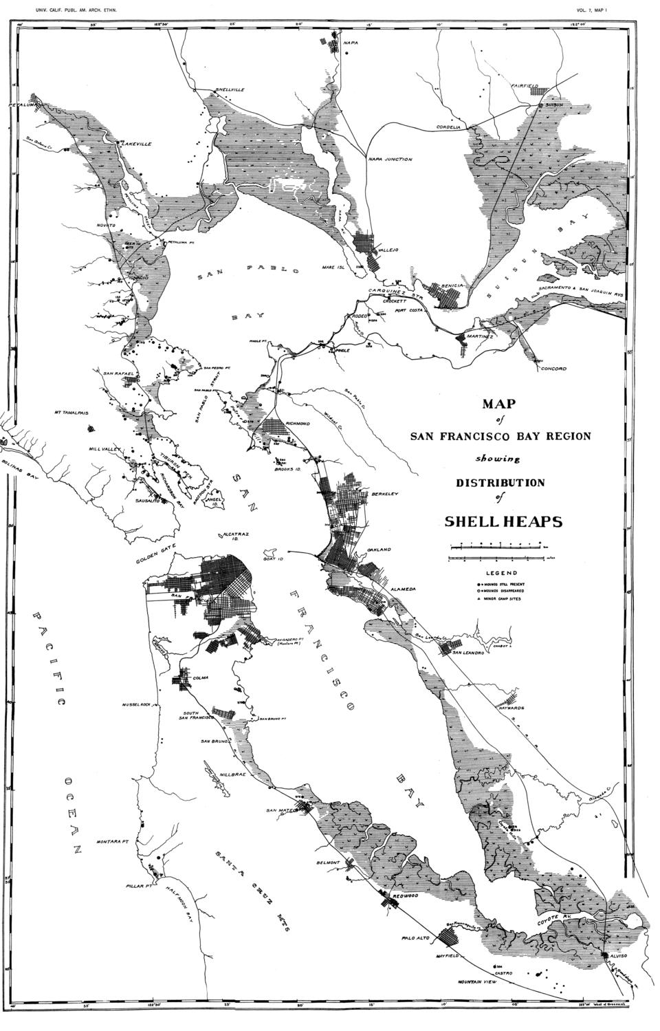 Map of Ohlone Shellmounds in the San Francisco Bay Area from Nels C. Nelson's 1909 publication SHELLMOUNDS OF THE SAN FRANCISCO BAY REGION.