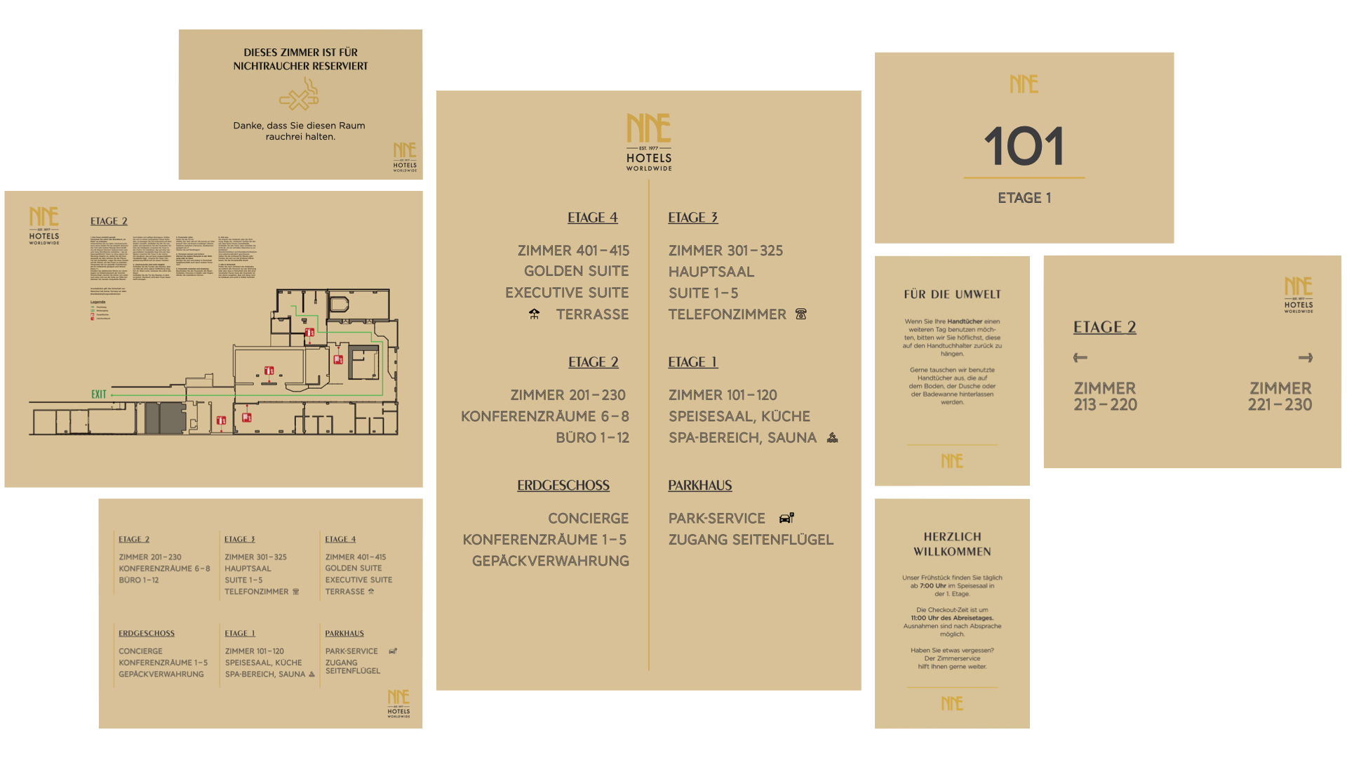 Eine Collage von Hotel-Hinweisschildern. Alle sind klassisch gestaltet mit einem cremefarbenen Hintergrund und goldenen Leitlinien auf den Schildern.