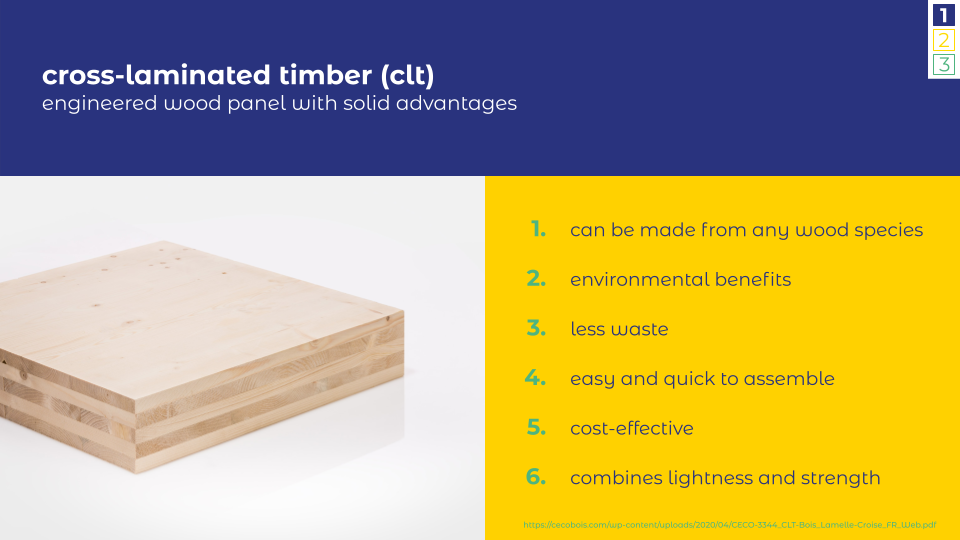 According to the advice of a wood specialist, the most suitable material for our furniture is CLT (Cross Laminated Timber), which is a light and very strong material that can be extracted from any kind of wood, thus allowing the use of local wood in any country. It is very easy to produce and there is very little waste in its production, making it both a very economical and environmentally friendly solution.