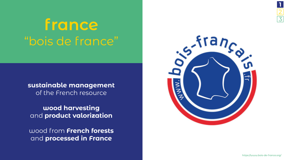 In France, for example, the brand "Bois de France"promises sustainable management of resources, with wood from French forests and processed in France.