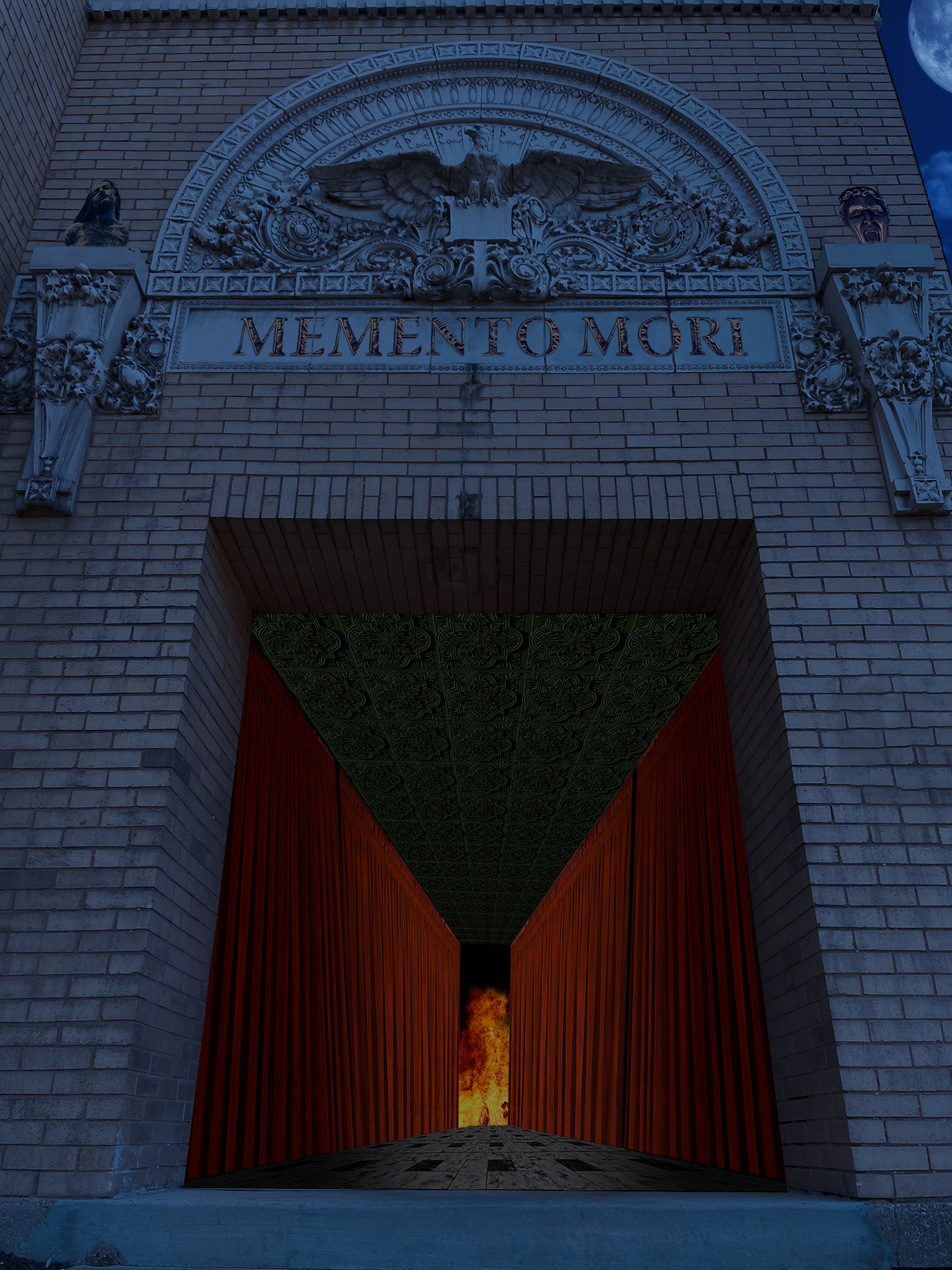 An ominous hallway leading to a fire pit. "Memento Mori" is written above