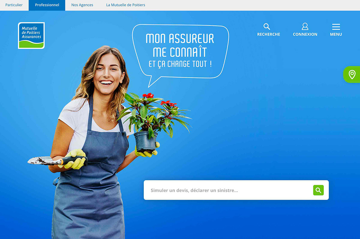 Un visuel d’un pro et le slogan « Mon assureur me connaît et ça change tout ! » avec à droite l’interface de recherche conversationnelle.