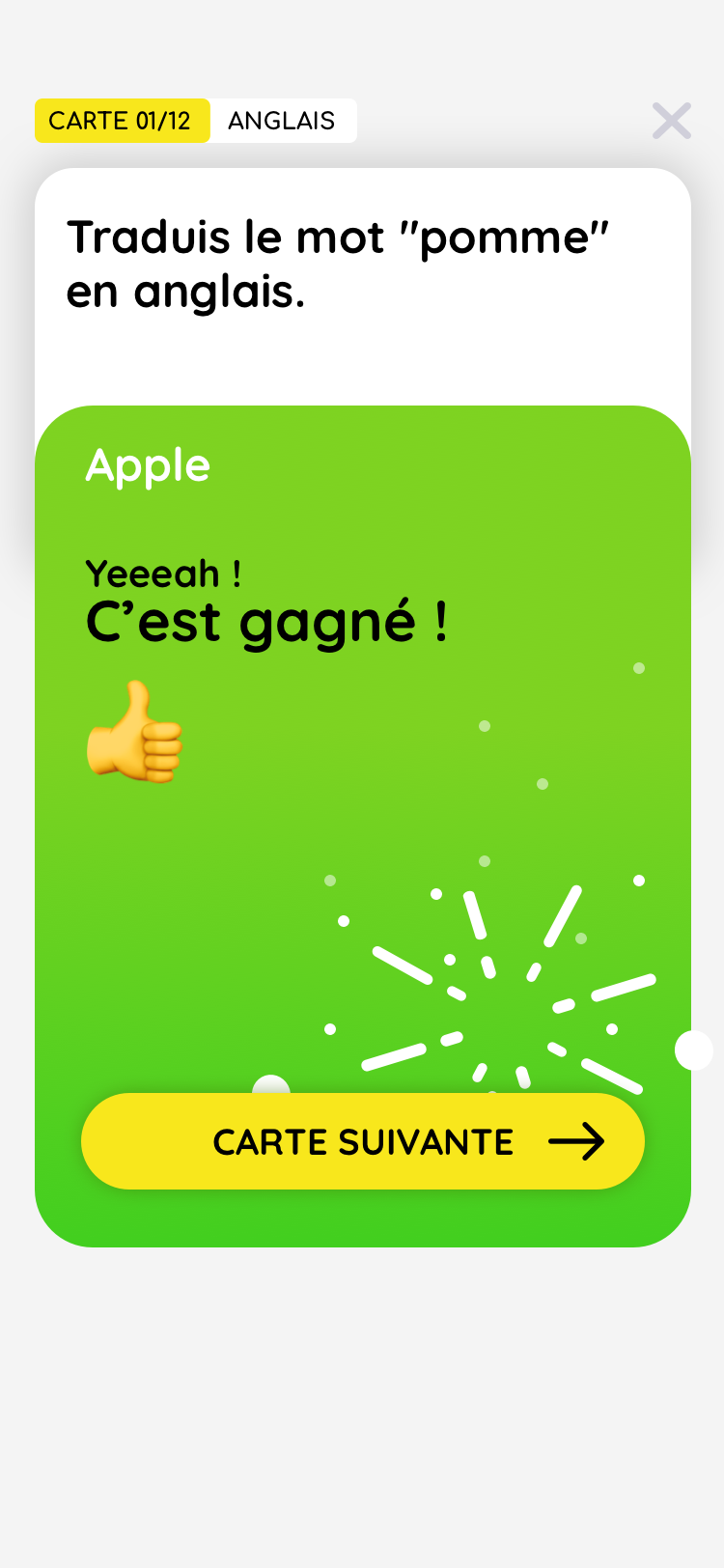 Écran de quiz : bonne réponse