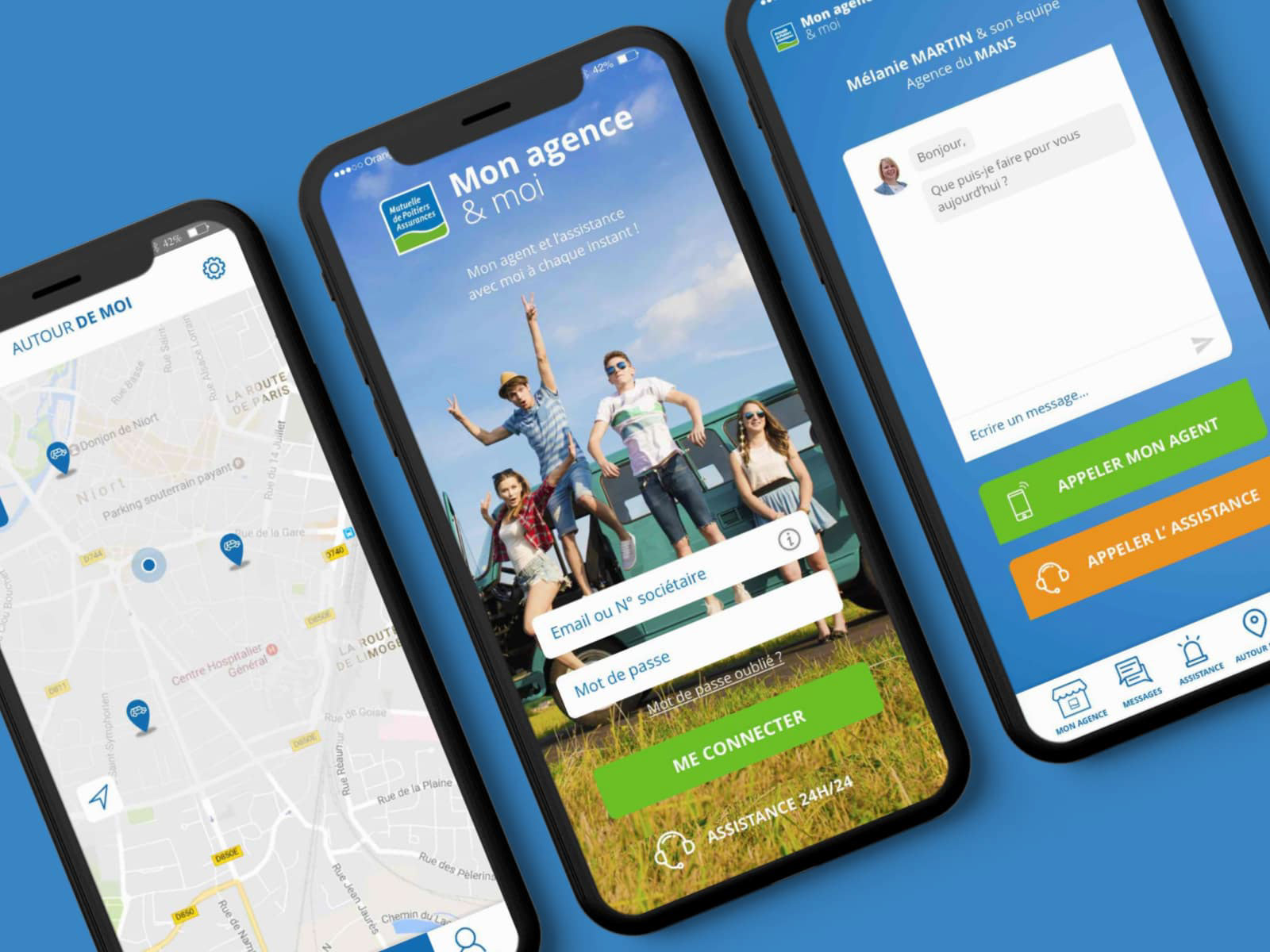 3 smartphones sont alignés présentant les écrans de la carte des partenaires, l’écran de connexion et l’écran d’accueil de l’application.