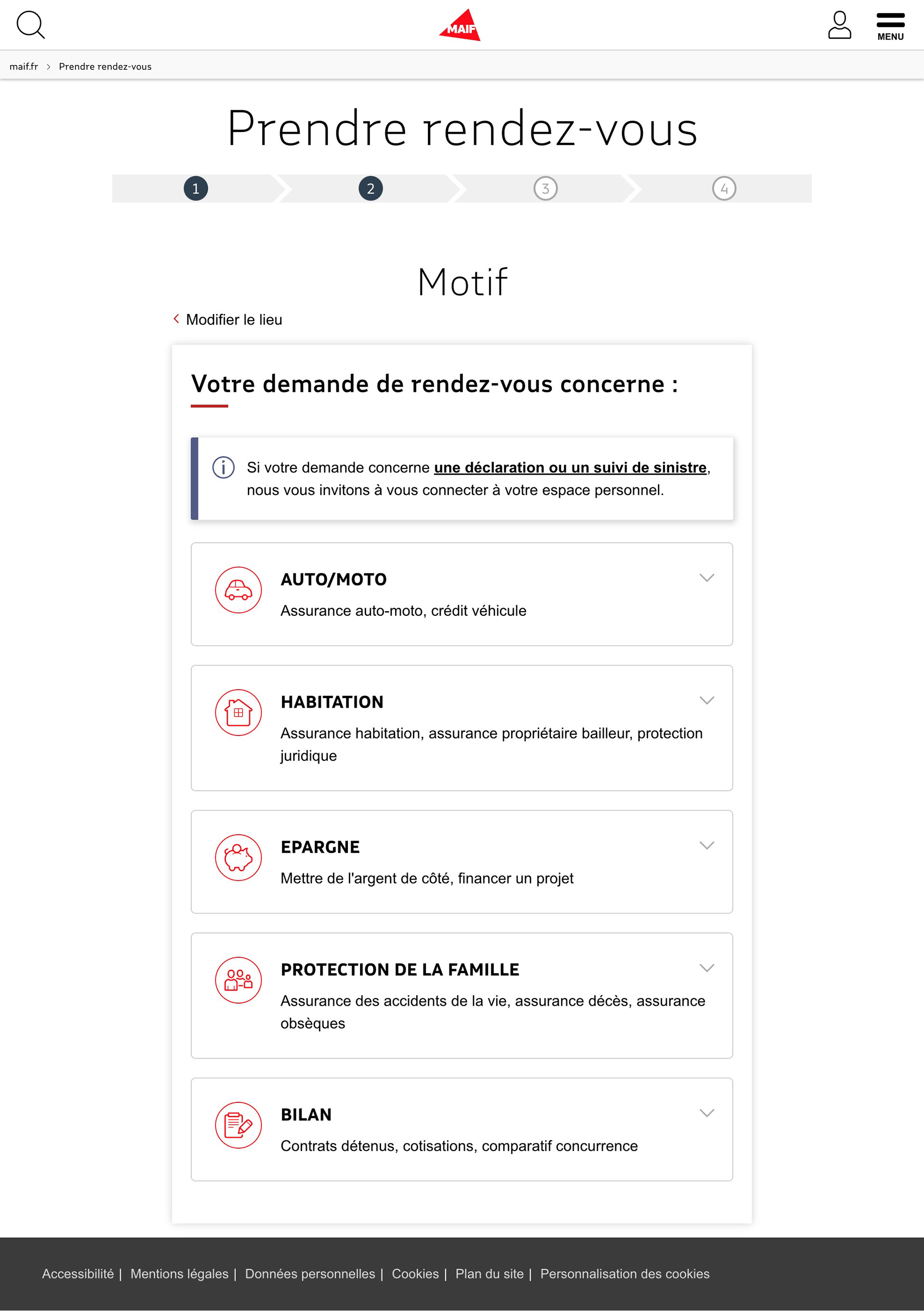 Écran de l’étape « Motif » de la prise de rendez-vous. Dans la partie haute on peut voir l’étapier et en dessous les blocs de sélection du motif.