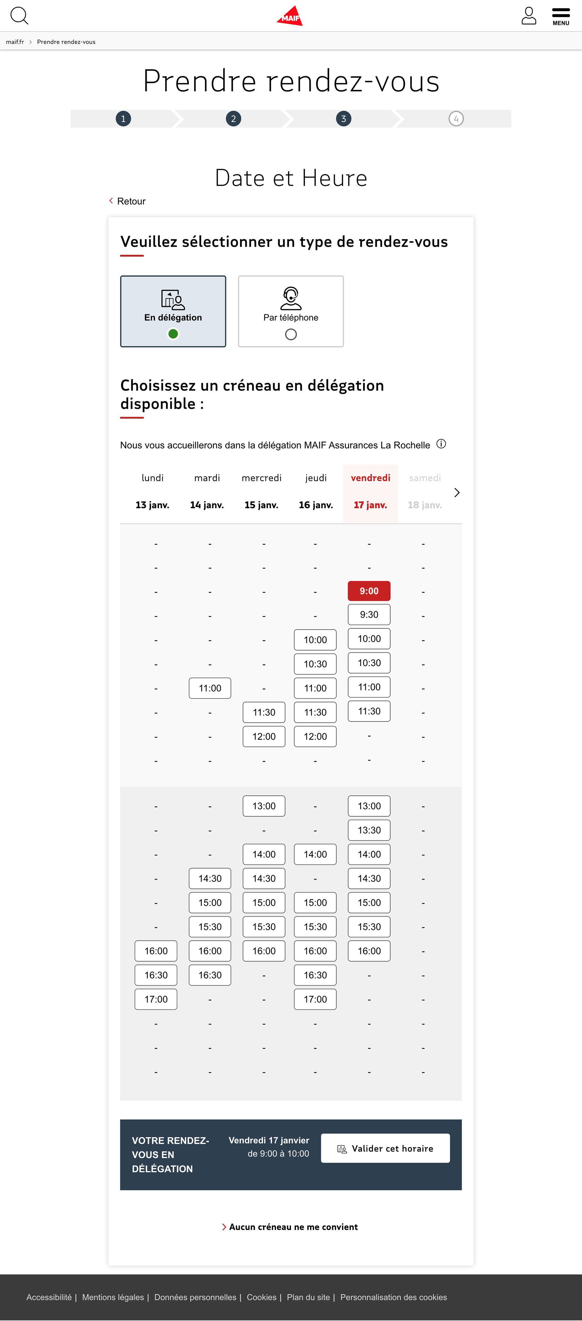 Étape « Date et heure ». Dans la partie haute on peut voir l’étapier et en dessous l’interface de sélection du type de rendez-vous et le créneau.