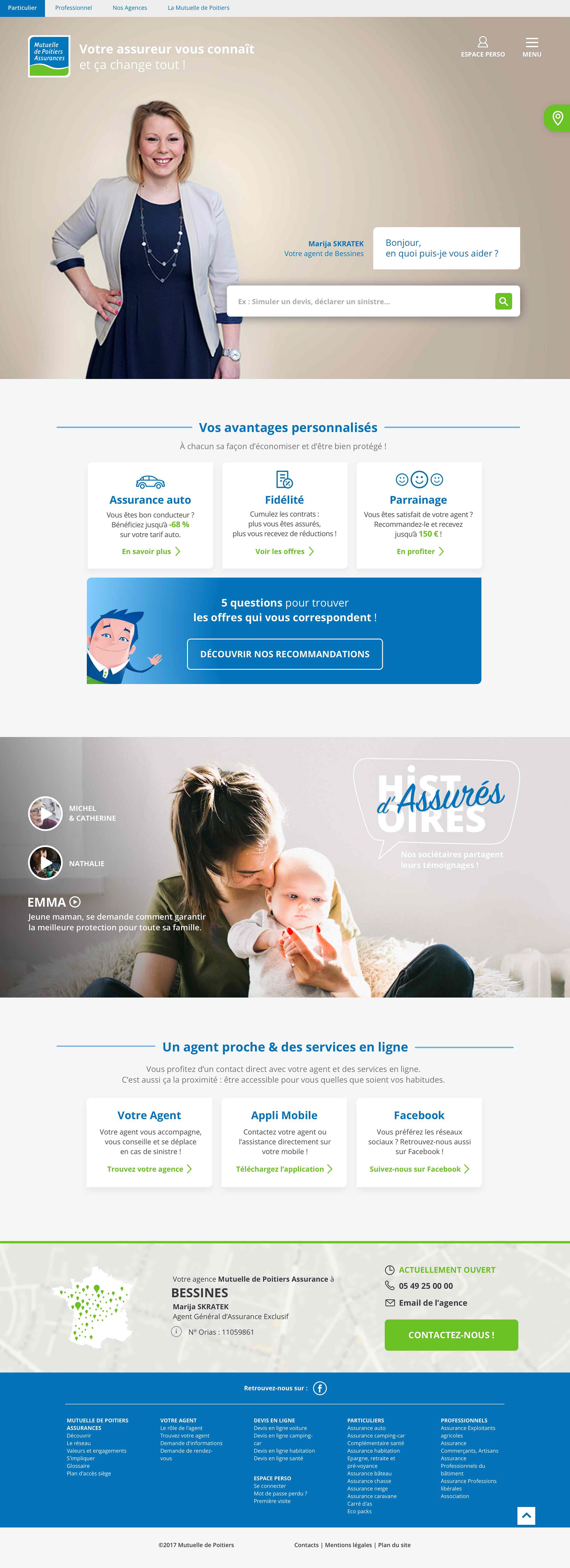Un visuel d’une conseillère accueille le visiteur comme en agence et affiche une interface de recherche rappelant une bulle de discussion de messagerie.