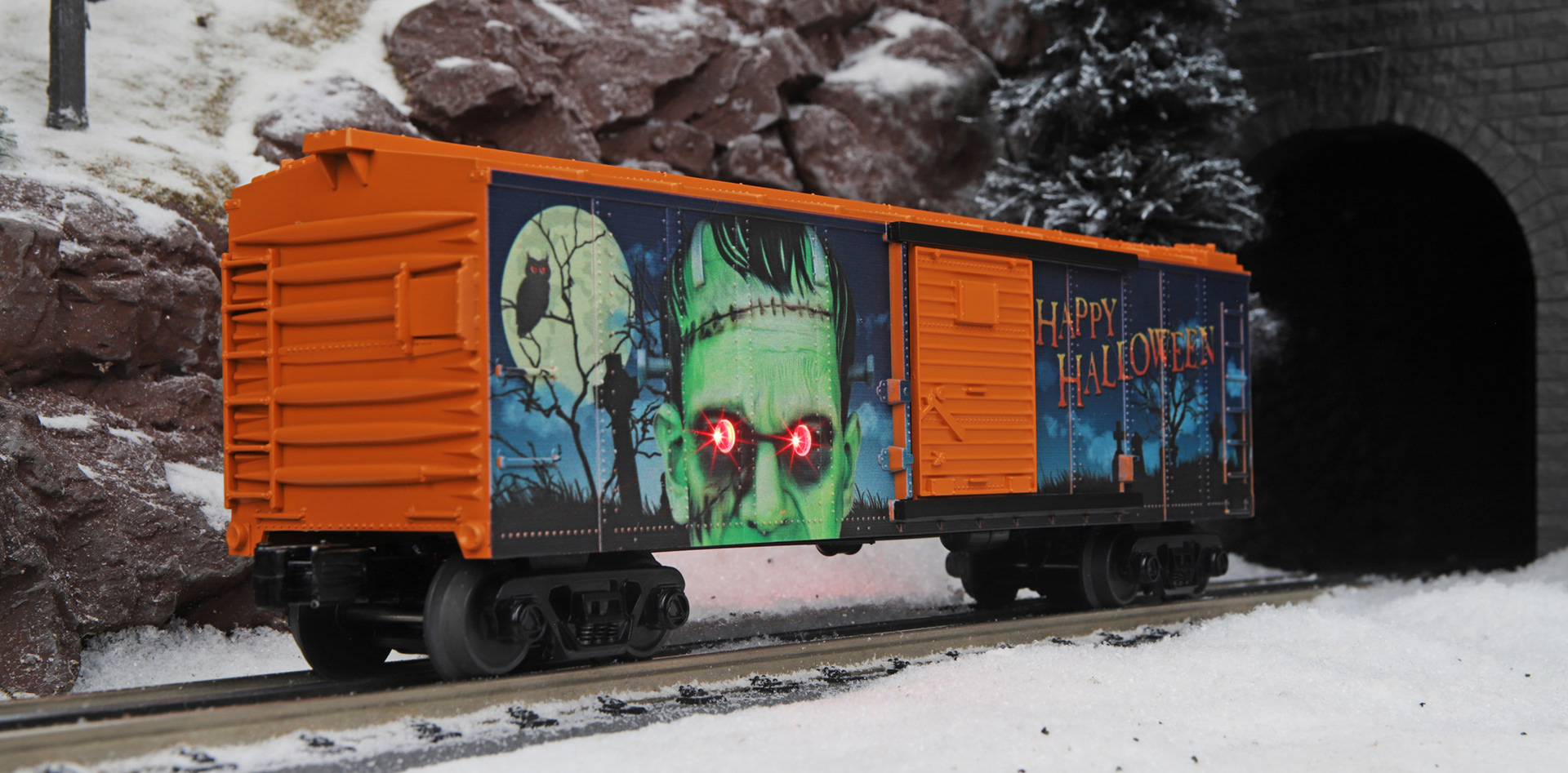 Final product featuring the Frankenstein's monster illustration for M.T.H. Electric Trains.