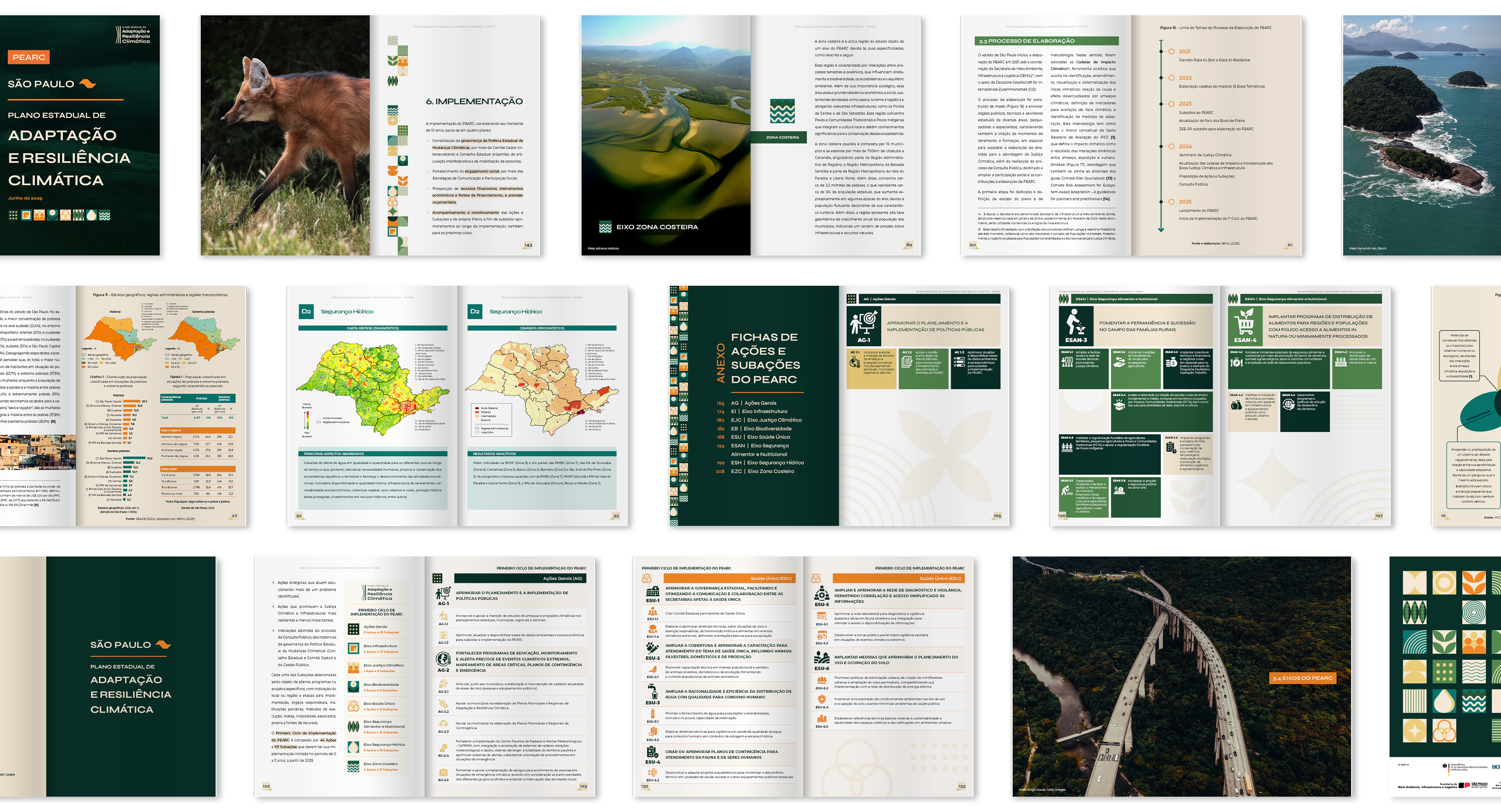 Plano Estadual de Adaptação e Resiliência Climática (PEARC) Secretaria do Meio Ambiente do Estado de São Paulo · ProAdapta/GIZ Brasil · 2025 Projeto gráfico e diagramação de plano técnico e estratégico (224 páginas), com organização de conteúdos técnicos e territoriais, incluindo dados, mapas, fichas técnicas e infográficos, além do desenvolvimento de sistema visual para organização de eixos, indicadores e ações. Apoio na diagramação: Ana Carolina Seganfredo.