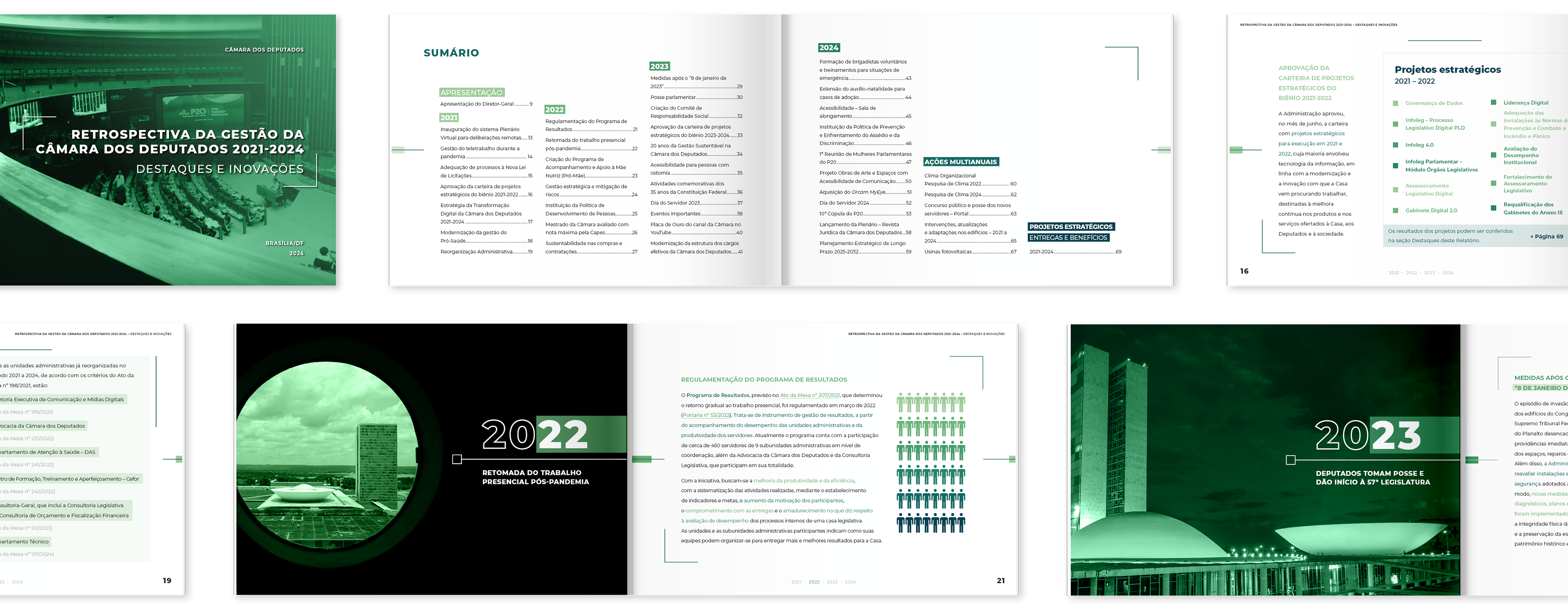 Retrospectiva da gestão da Câmara dos Deputados 2021-2024 Câmara dos Deputados · 2024 Projeto gráfico e diagramação de publicação institucional (76 páginas), com organização cronológica dos conteúdos e desenvolvimento de elementos gráficos para destaque de marcos e resultados institucionais.