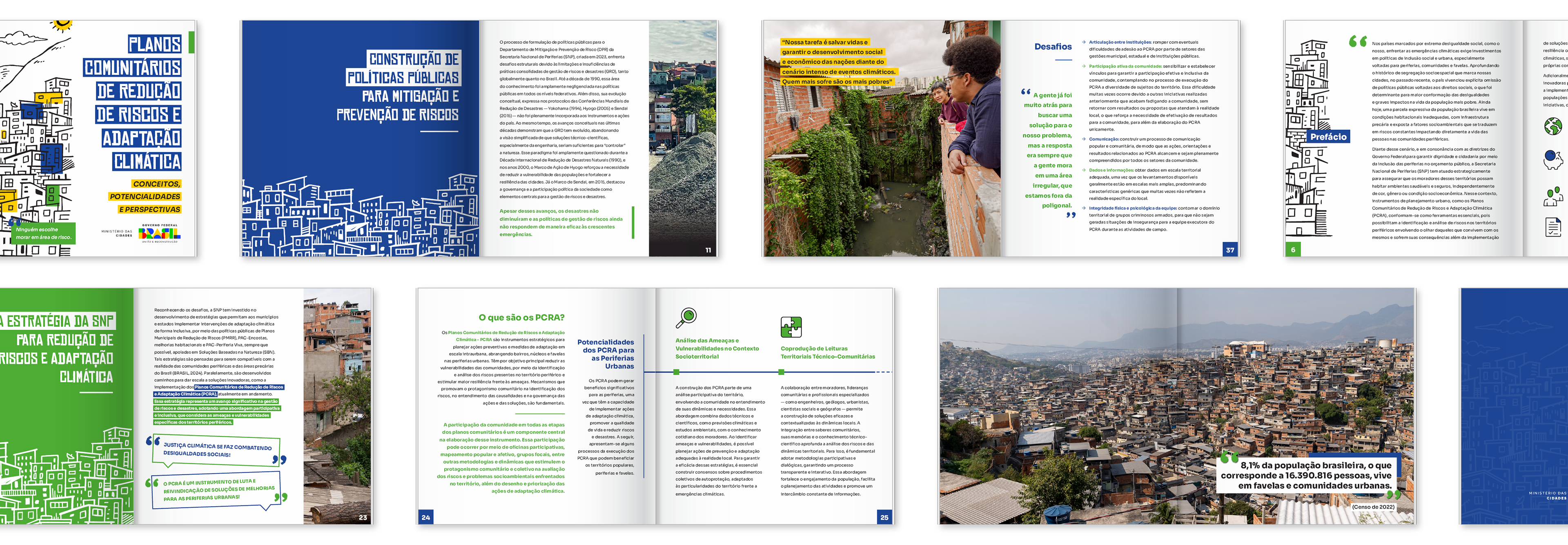 Planos Comunitários de Redução de Riscos e Adaptação Climática (PCRA) Secretaria Nacional de Periferias (MCID) · 2025 Projeto gráfico e diagramação de publicação técnica (60 páginas), com organização da informação e desenvolvimento de infográficos, com adaptação para publicação multilíngue (português, inglês e espanhol).