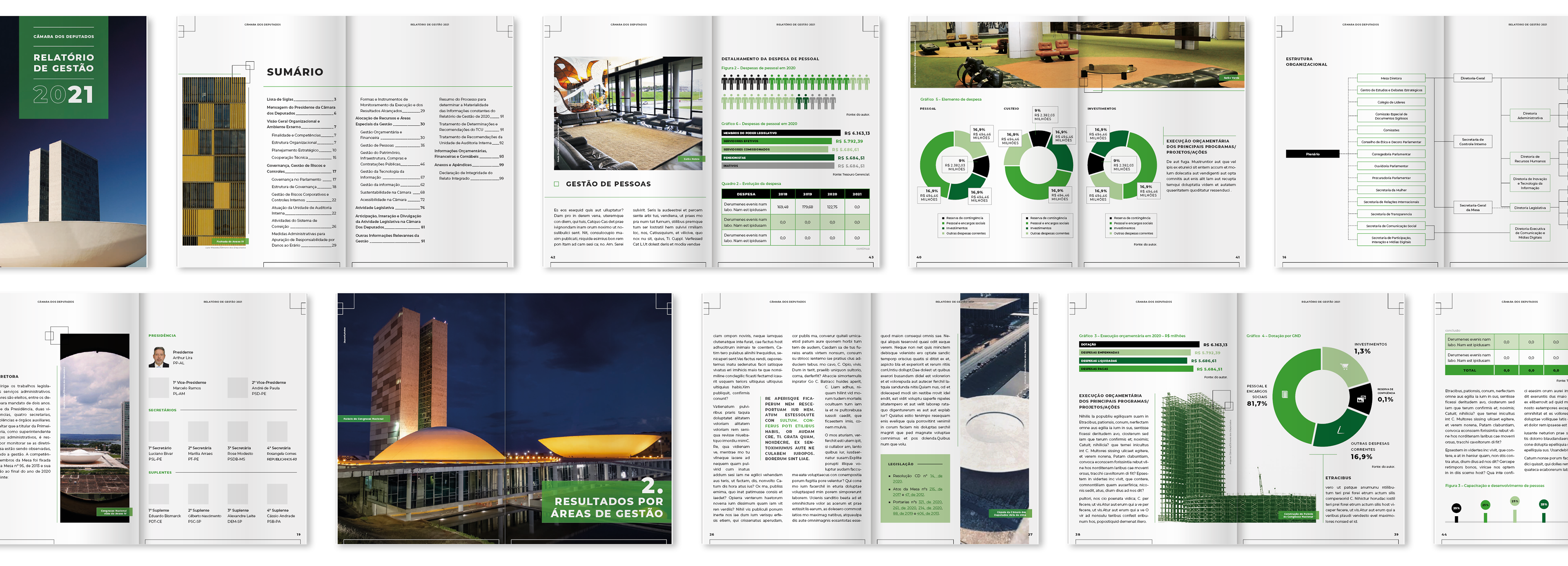 Projeto gráfico do Relatório de Gestão da Câmara dos Deputados, anos 2021 a 2024 Câmara dos Deputados · 2021, 2022, 2023 e 2024 Projeto gráfico dos Relatórios de Gestão da Câmara dos Deputados referentes aos exercícios de 2021 a 2024, com desenvolvimento do sistema visual editorial, definição de diretrizes de aplicação e padronização de elementos gráficos para apresentação de conteúdos institucionais, resultados, indicadores e dados da gestão. O trabalho incluiu a criação de tabelas, infográficos, diagramas e demais recursos visuais para organização e apresentação das informações.