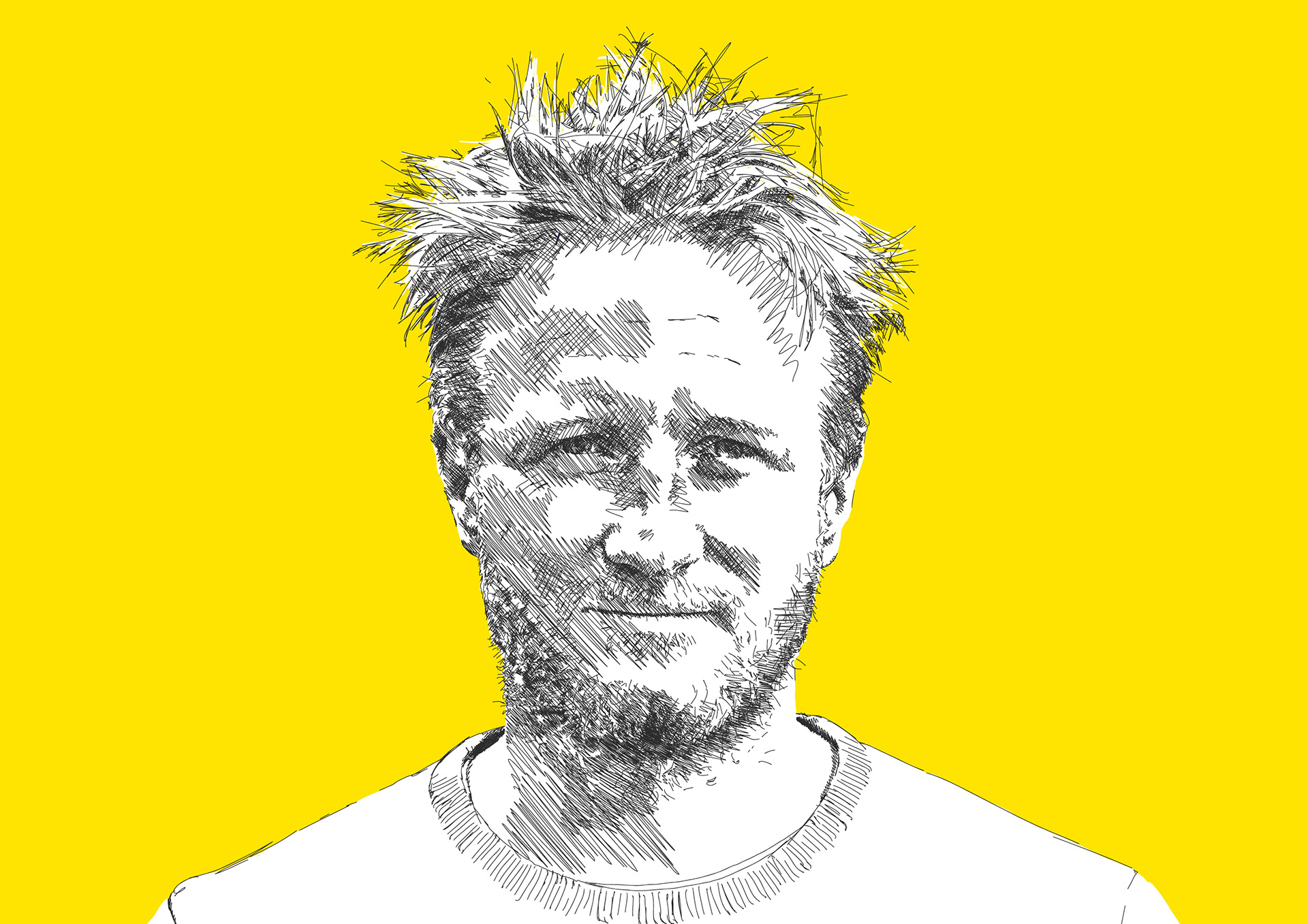 Portrait line-drawing with bright yellow background