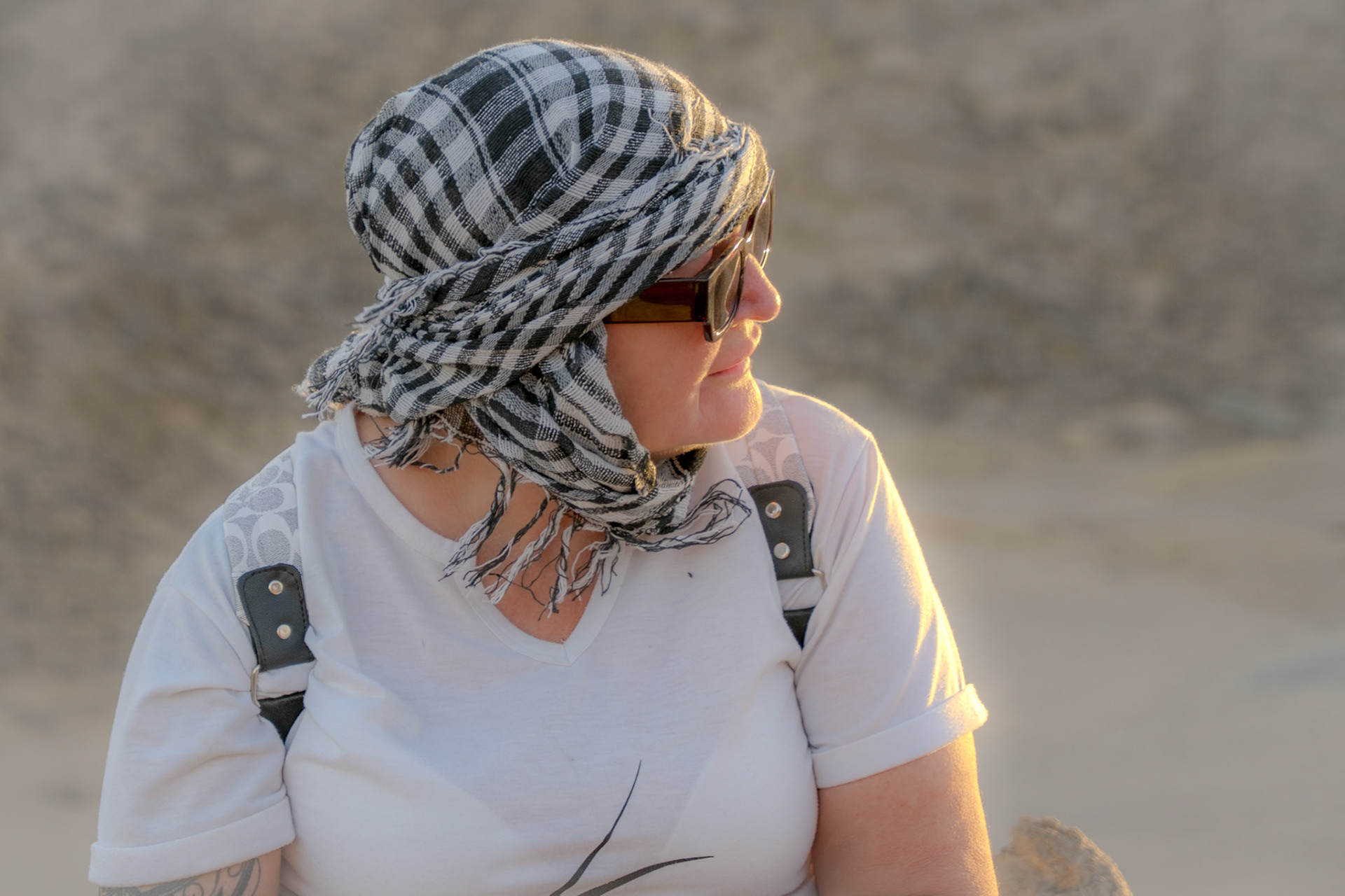 Lady wearing Egyptian head scarf