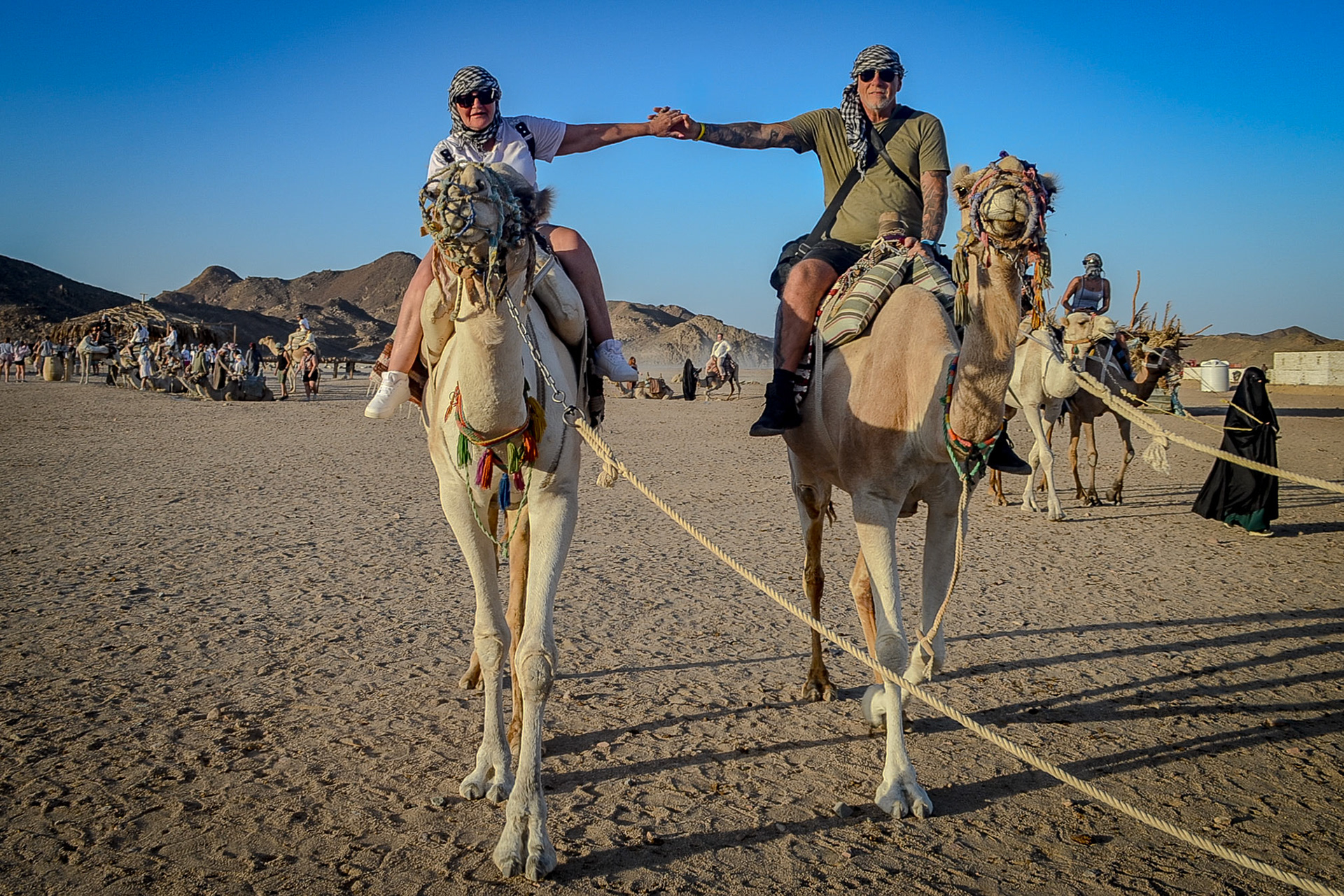 Couple holding hands riding on camels