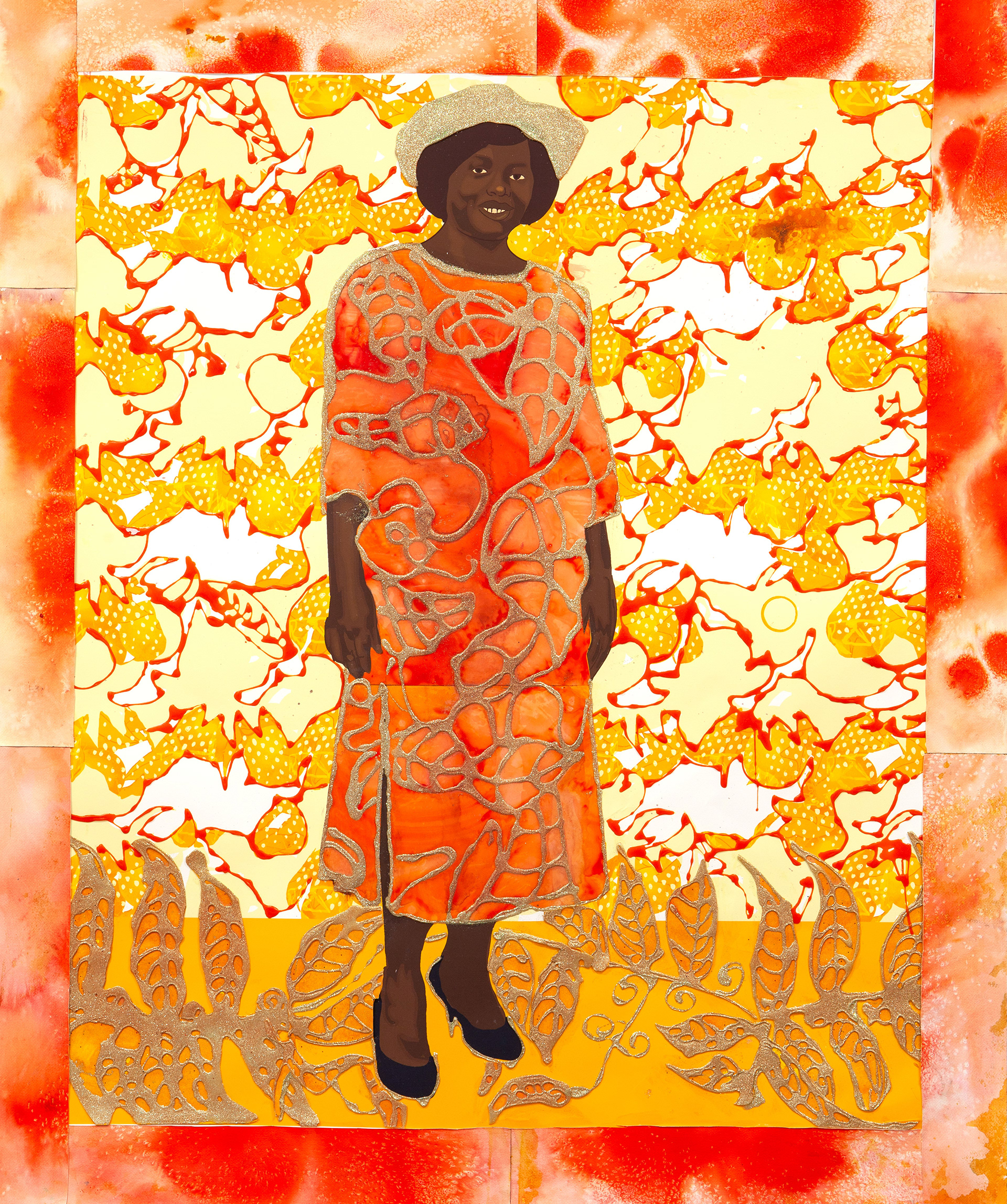 Enveloped by the Sun #1 (Munmi)      Acrylic, Collage and Glitter on Printed Paper     49” x 53”      2021 Photographed by Phillip Karp