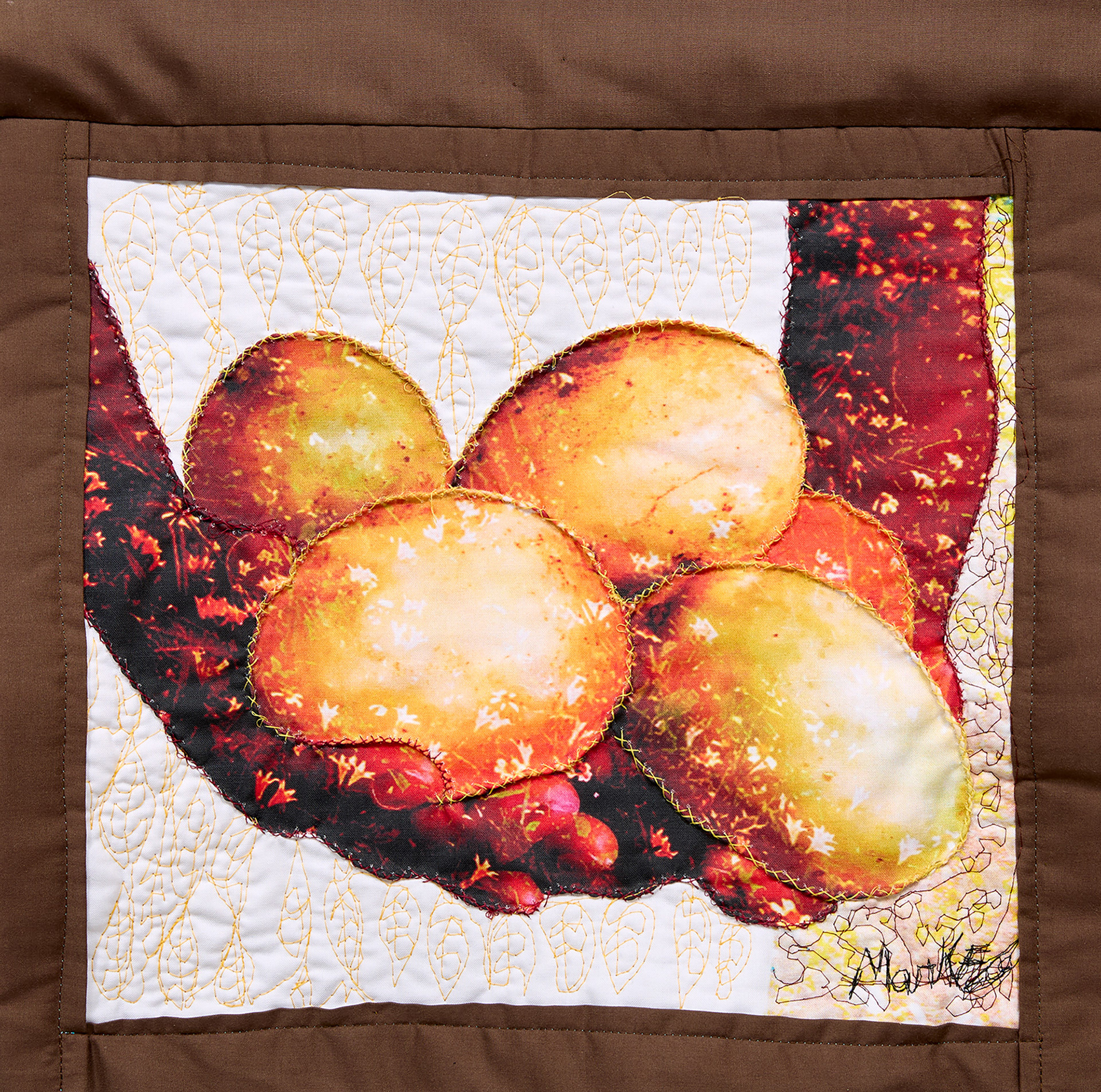 A Season of Sharing # 3  Print on Cotton Fabric, Hand Sewing and Quilting  15.5 x 15  2024