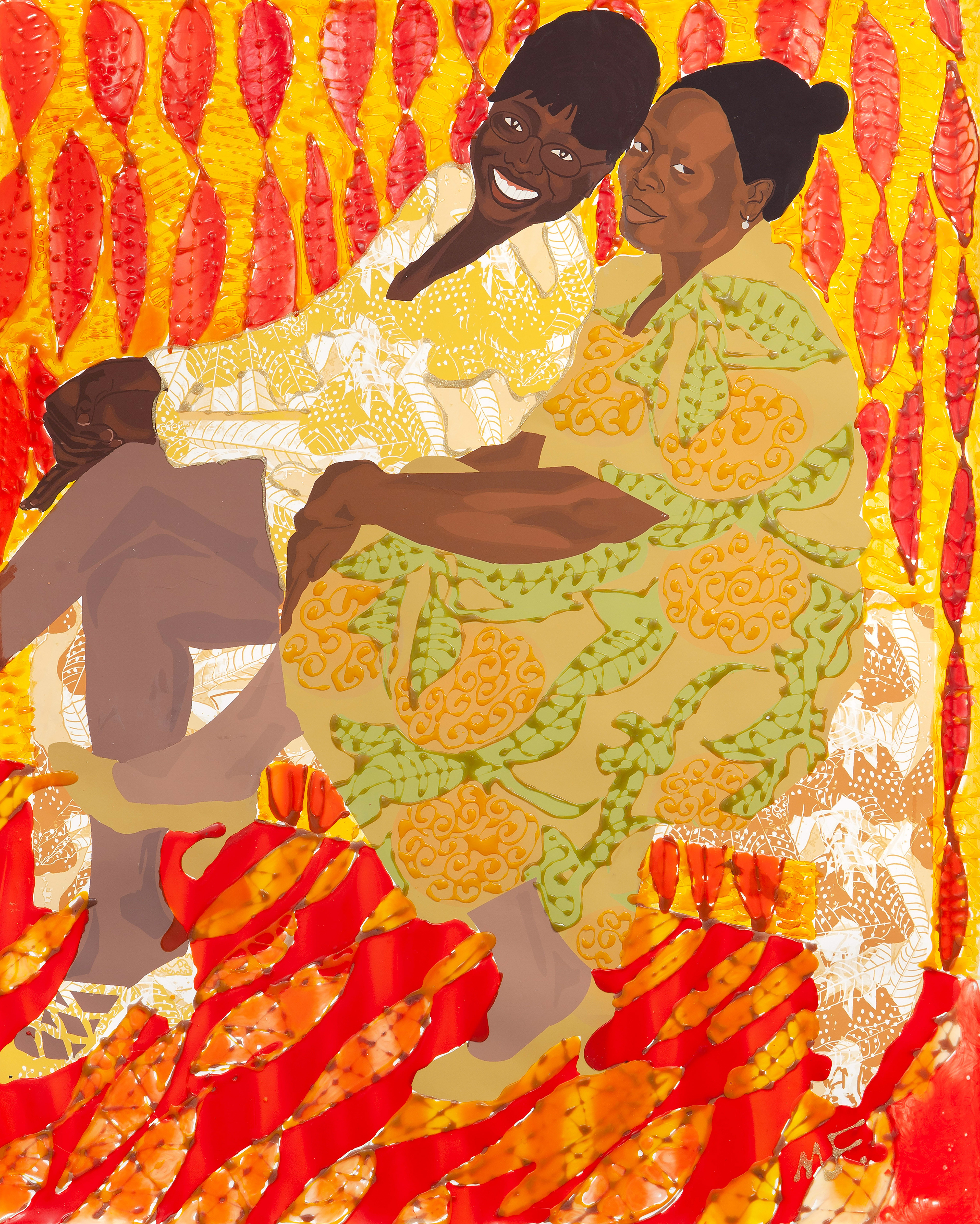 Enveloped by the Sun #5 (Kiki and Mommy)    Acrylic, Archival Glue and Glitter on Printed Paper     49” x 53”    2021 Photographed by Phillip Karp