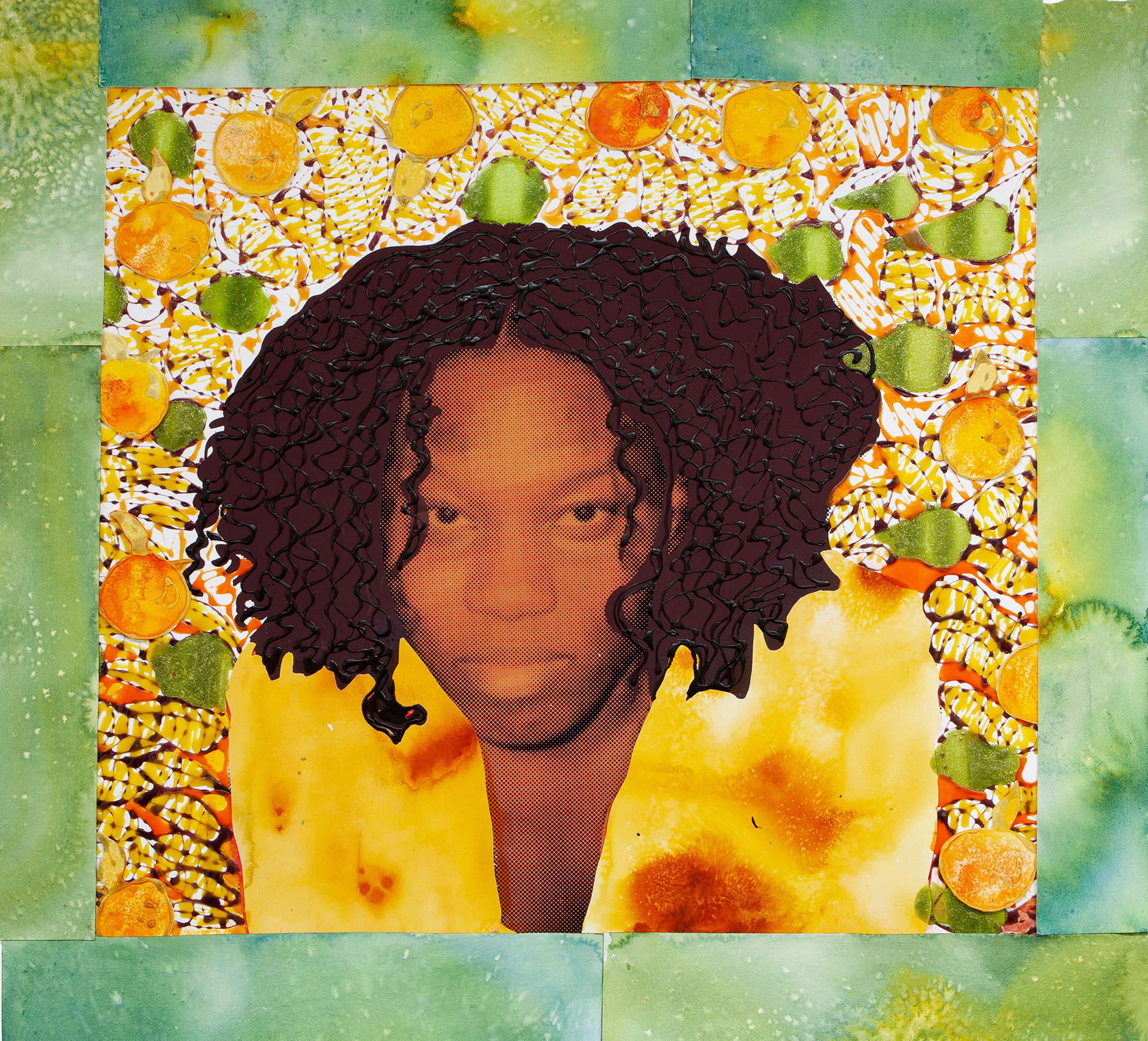 “Enveloped By the Sun # 9 (Destiny)”, 46 1⁄2” x 43” Ink, Archival glue, and glitter on printed paper, 2021, Photographed By Phillip Karp 