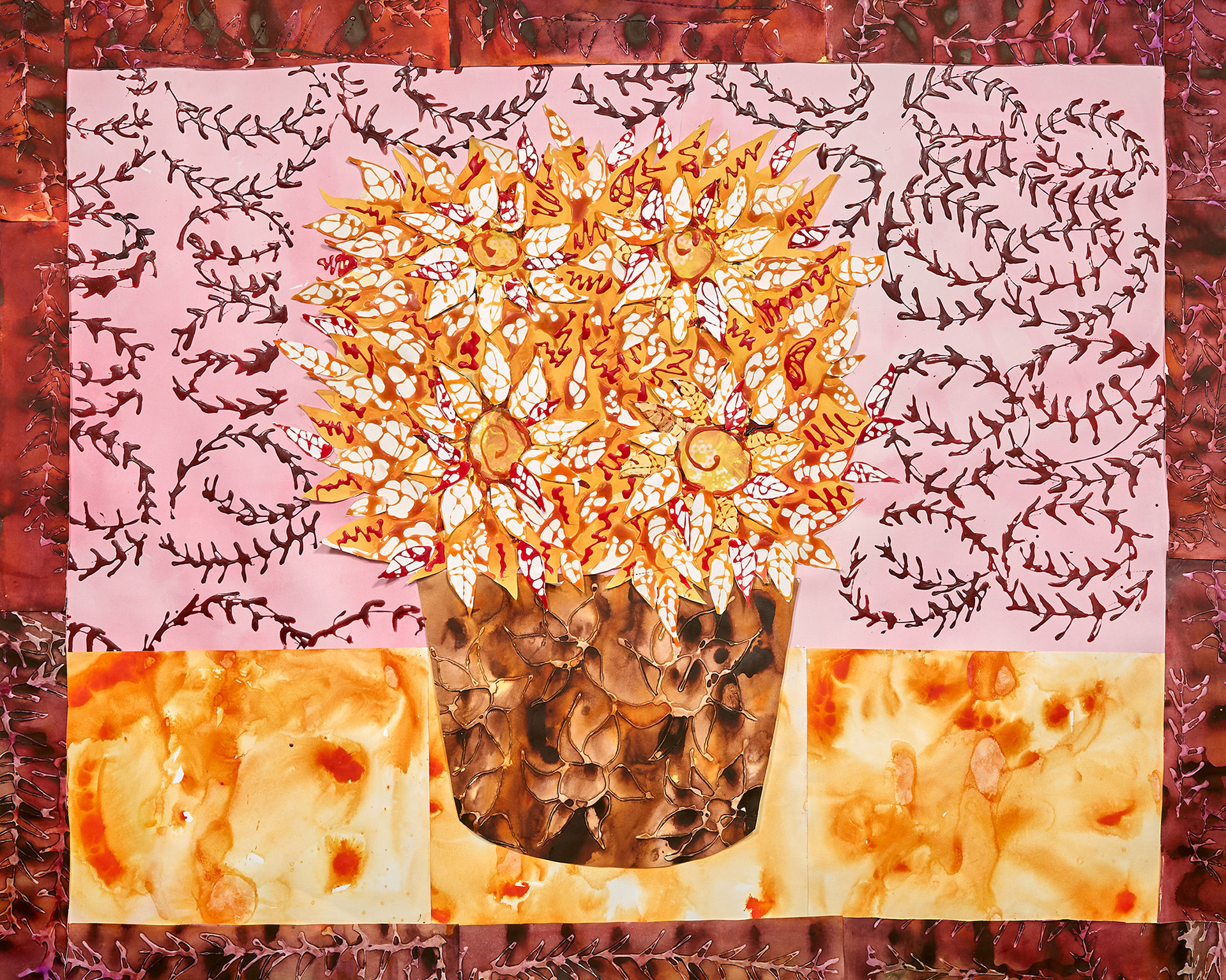 "Blooming Flowers 3",  76 in x H 60 in, Ink, Collage and Archival Glue on Watercolor Paper, 2025 