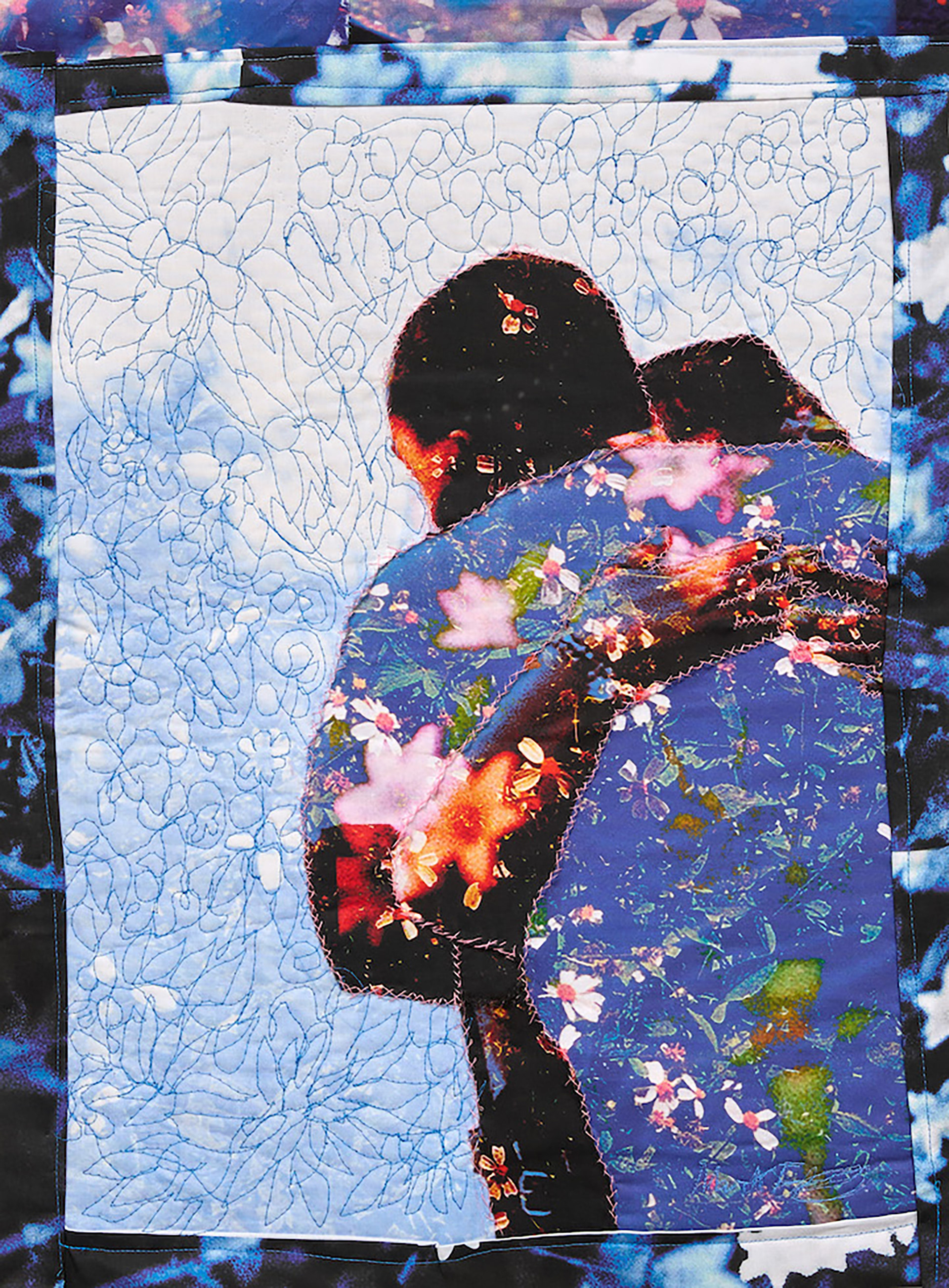 Hug # 1, Digital Manipulation, Hand Sewing and Embroidery on Quilt, 17.5 in x 24 in 2024