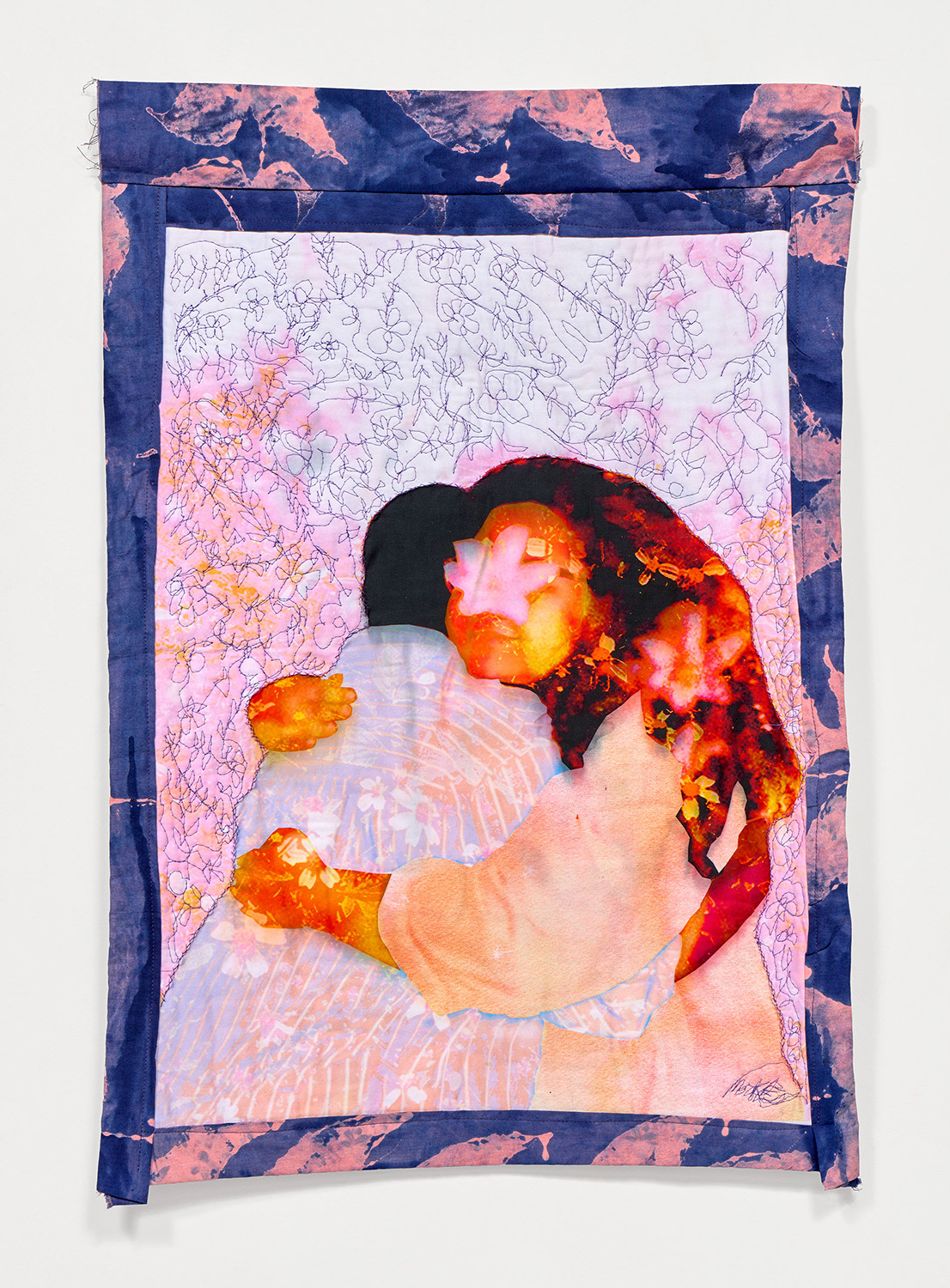 Hug # 6: I’m Safe, Quilting, Fabric Dying, Hand Sewing, and Digital Manipulation, 20”x29”, 2026