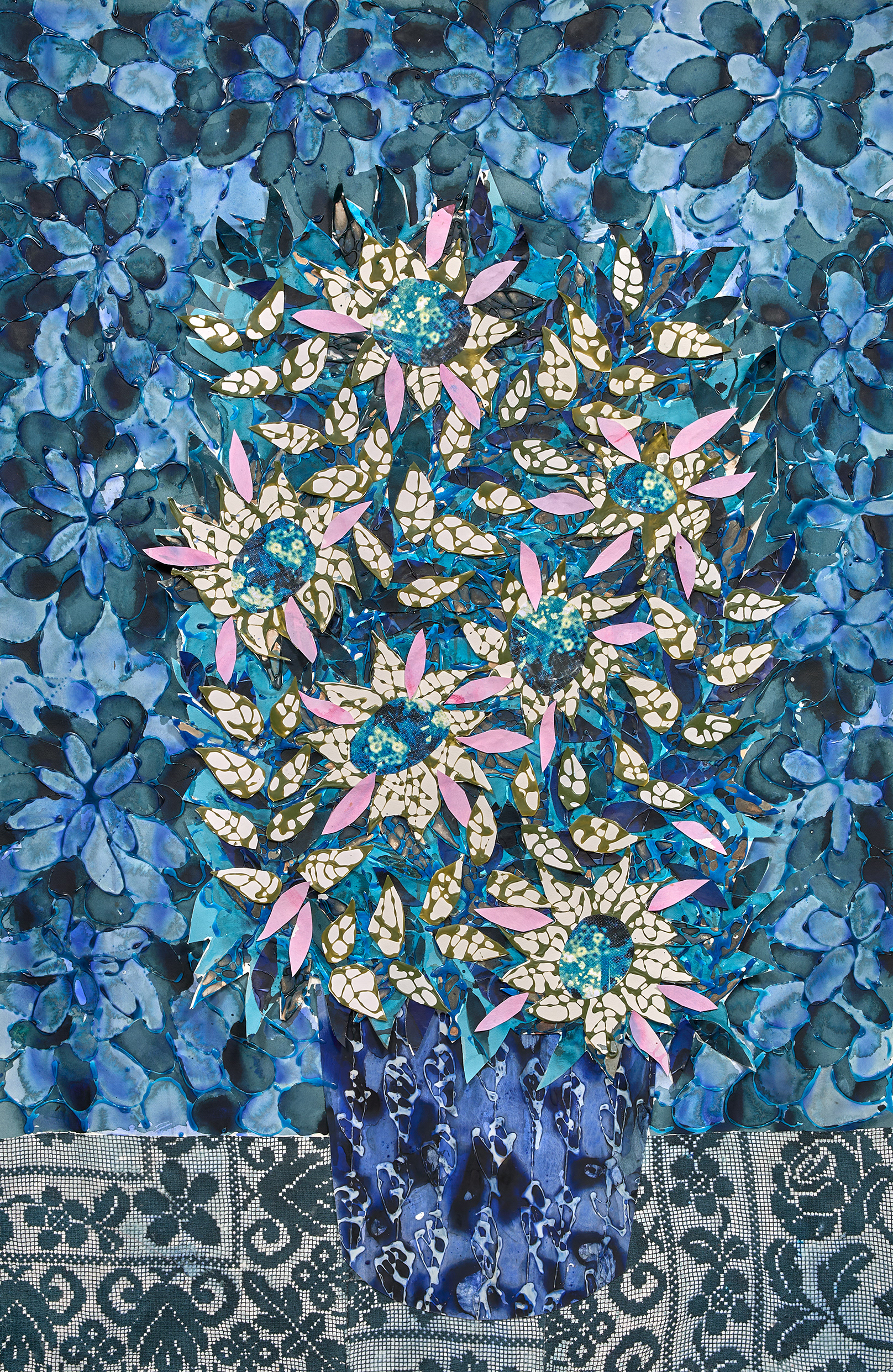 "Blooming Flowers 2", 44.5 in x 63 in, Ink, Collage and Archival Glue on Watercolor Paper, 2025 