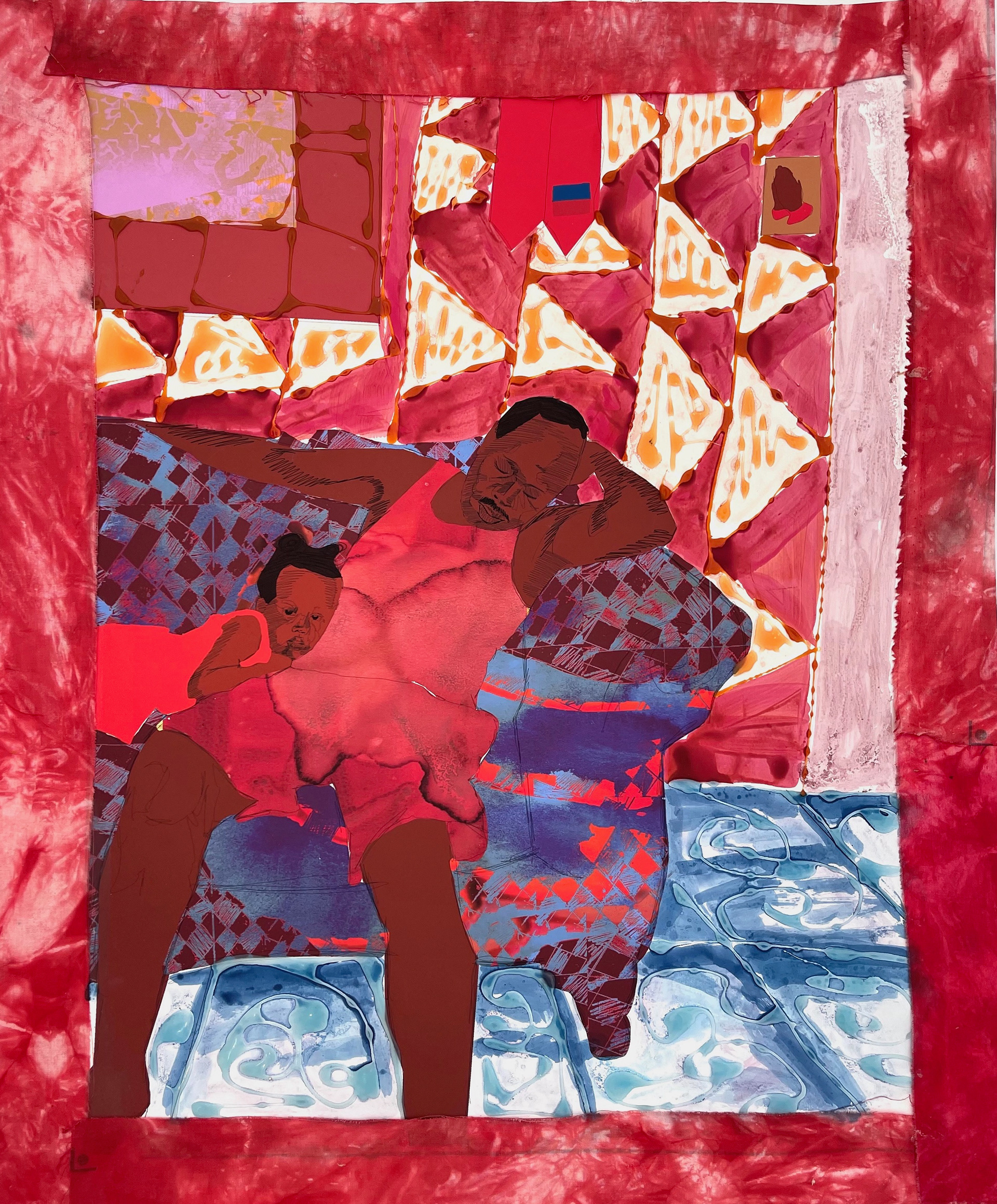 “When POWER MAN takes a nap”, 22 1/2” x  27”, Ink, dyed fabric and archival glue on printed paper, 2021 