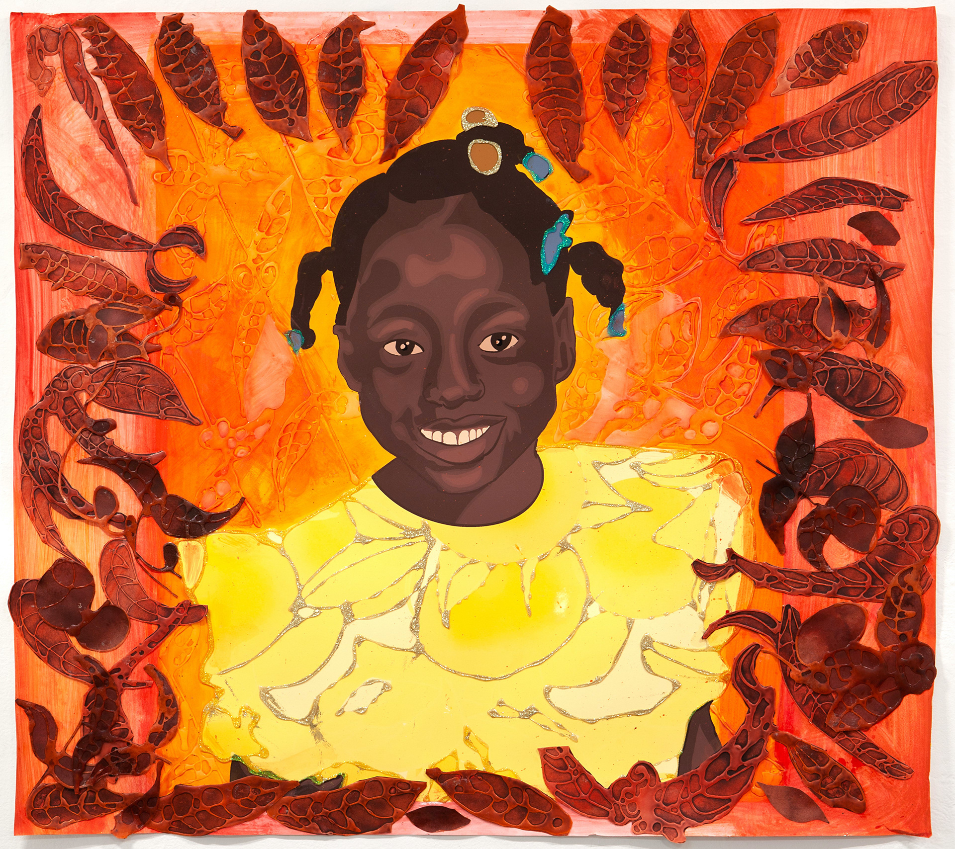 Enveloped by the Sun #3 (Kiki)      Acrylic, Collage and Glitter on Printed Paper, 2021 Photographed by Phillip Karp