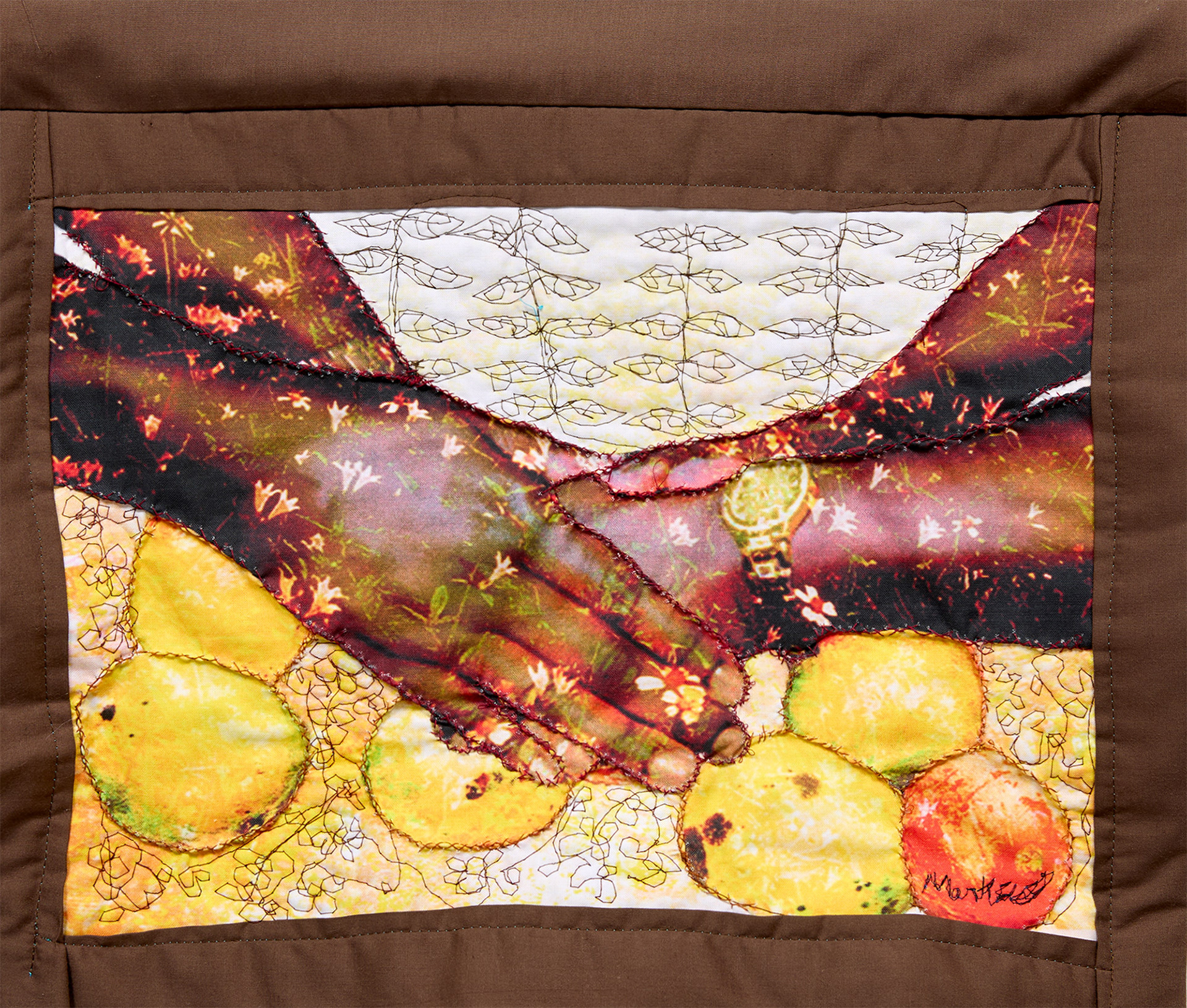  A Season of Sharing # 4  Print on Cotton Fabric, Hand Sewing and Quilting  16” x 15”  2024