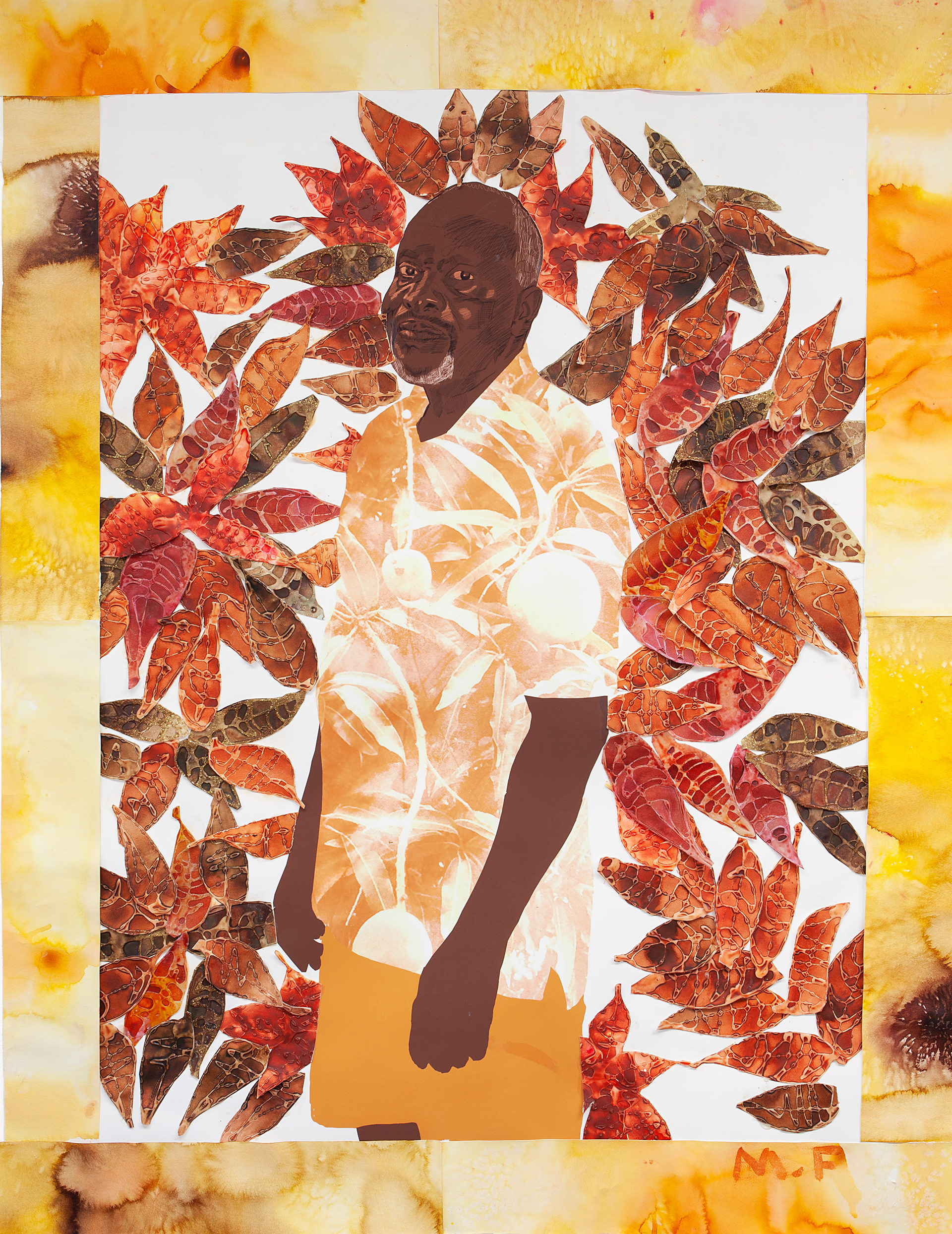 “Enveloped by the Sun #10 (Dad)”, 44” x 57”, Acrylic, Collage and Glitter on Printed Paper, 2022, Photographed by Phillip Karp