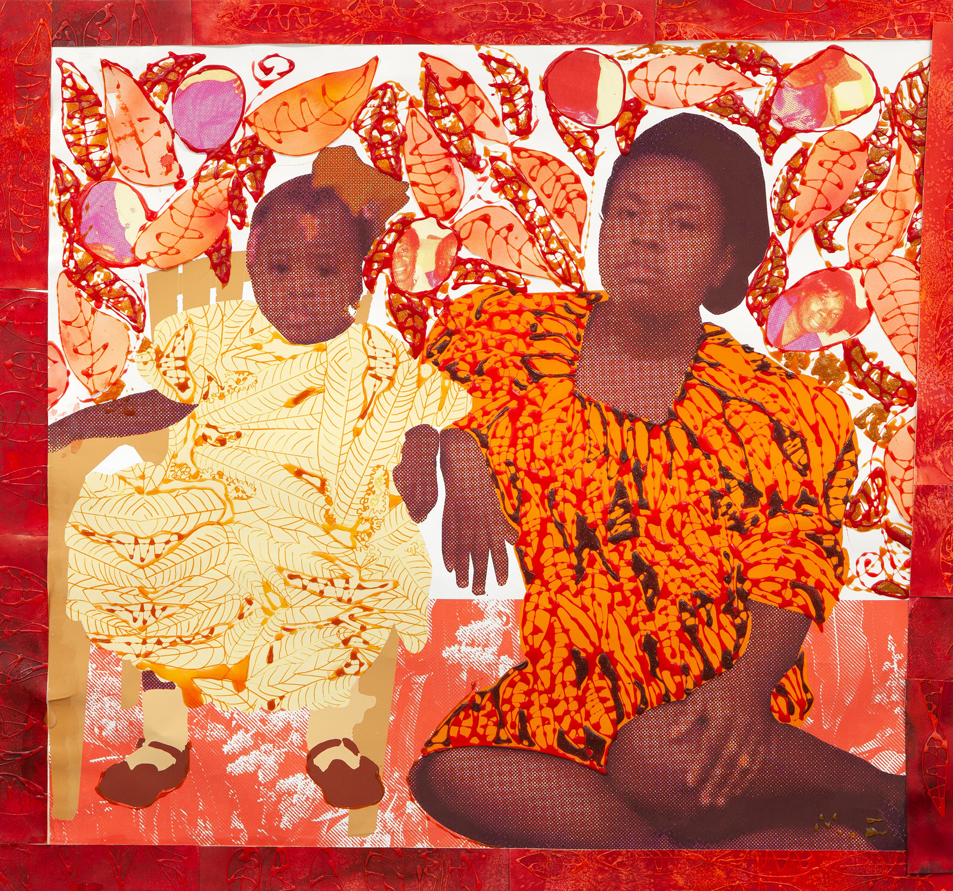 Enveloped by the Sun #8 (Josie and Joana)       Acrylic, Collage and Glitter on Printed Paper     51” x 47”   2021 Photographed by Phillip Karp